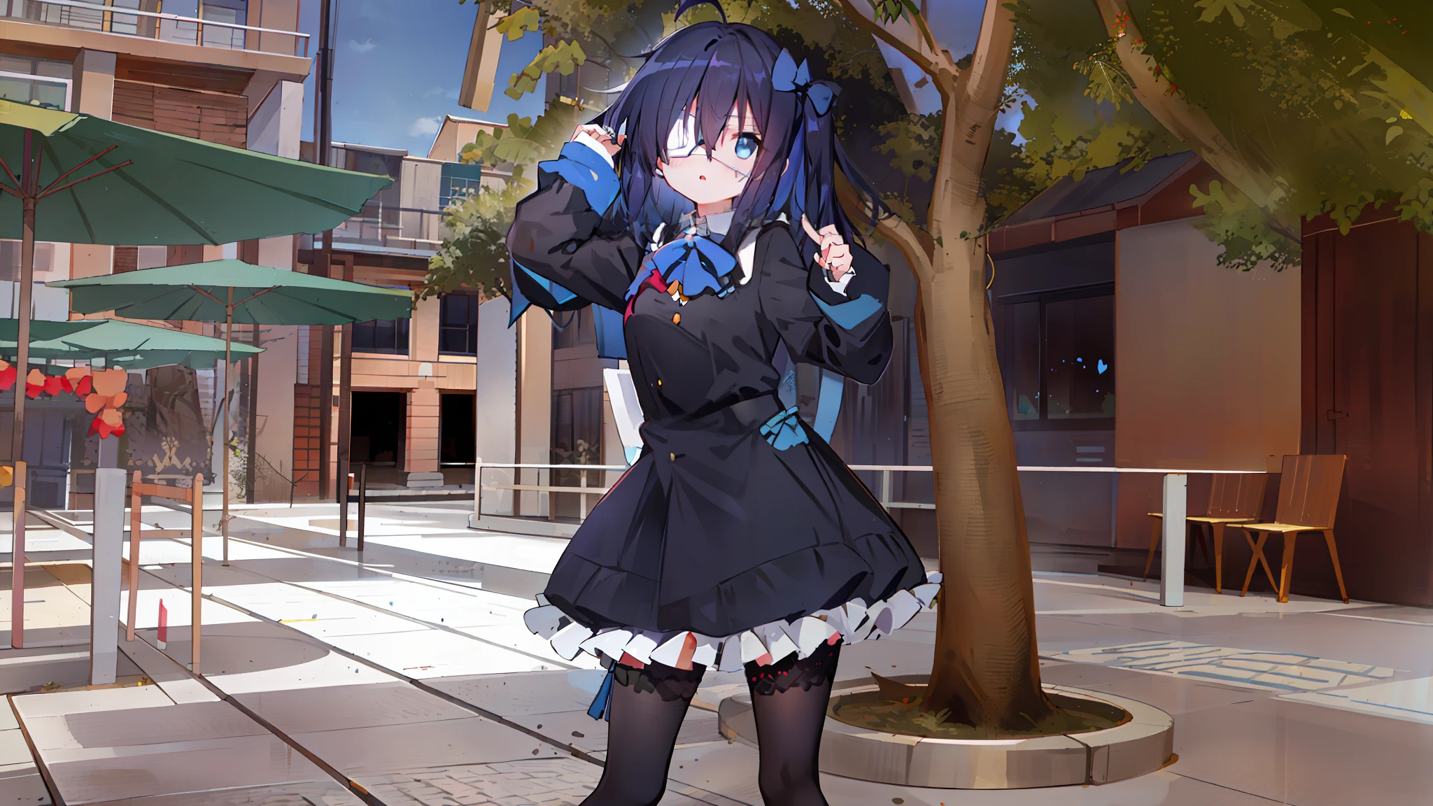 high res, masterpiece,Rikka Takanashi, black hair, solo, 1girl,outside,deatailed background, detailed eyes, ((blue eyes)), eyepatch