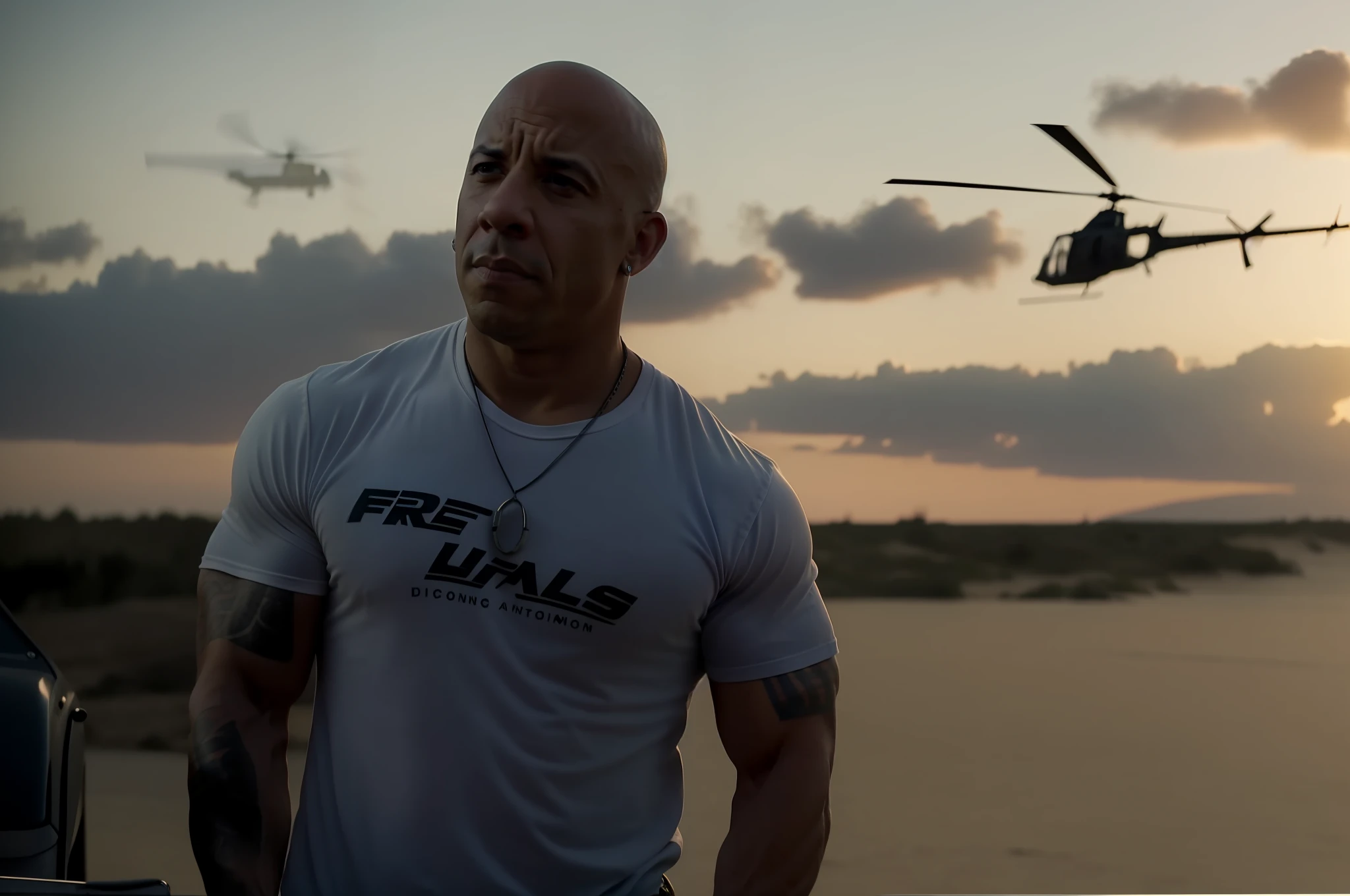 Vin Diesel, Fast & Furious 7, Strong muscles, strong arms, helicopter circling