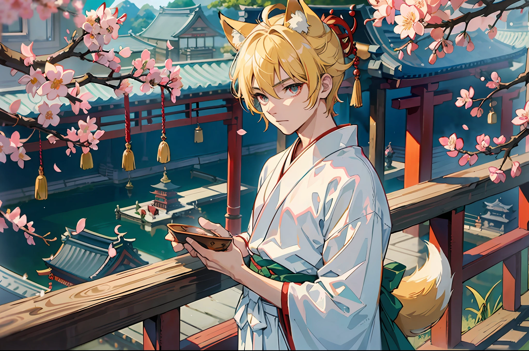 (Representative work: 1.4, highest quality, 8k), (2 boys: 1.6), (blonde spiked hair and red eyes, fox ears and tail: 1.1), (short green hair and big eyes, raccoon ears and tail: 1.2), (Japan Shinto priest, white and light blue hakama: 1.3), cherry blossom viewing on the balcony, background is a temple in Kyoto.