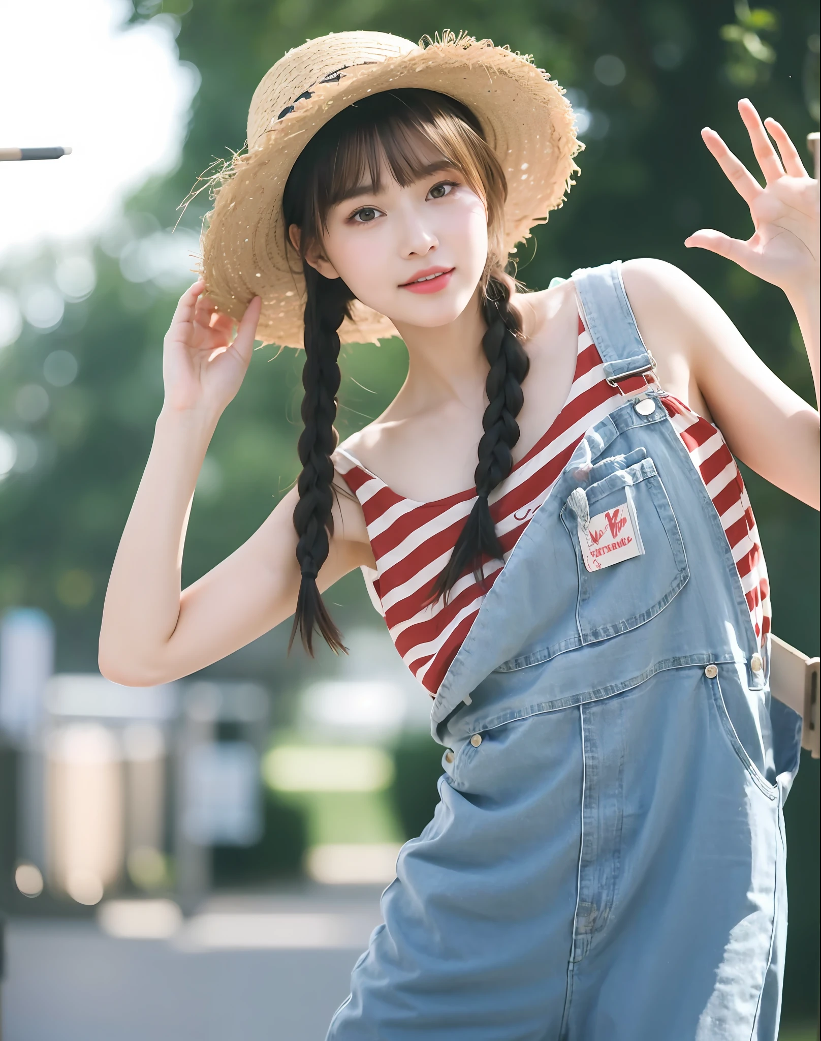 (Masterpiece)), (Best Quality), (detailed), 1 girl, 18 years old, playful expression, medium breasts, long hair, beautiful, natural, not exposed, alafi woman with baseball bat in straw hat and overalls, straw hat, a cute young woman, anime girl in real life, young cute girl in straw hat, Chinese girl, straw hat and overalls, attractive girl, cute thin face for girl, cute young woman, cute - fine face, Cute young girl