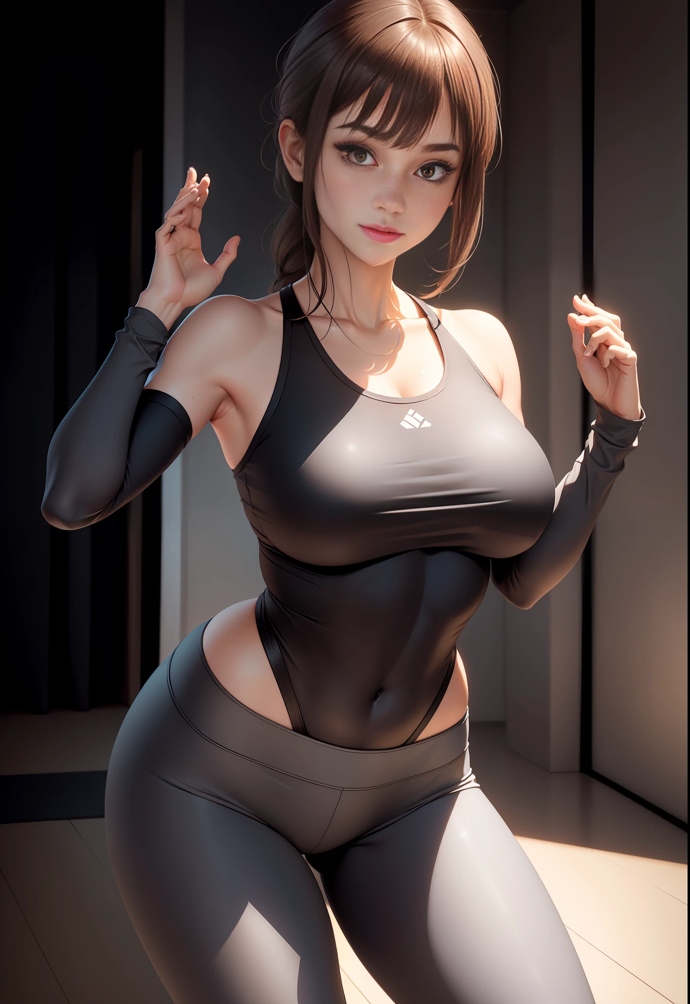 insanely beautiful girl, short messy brunette hair, ponytail, heterochromia brown and grey, minimal Yoga clothes, hourglass body, little smile, open-minded, yoga studio, Full body Beautiful anime style girl, sweat leggs, secypose, clean detailed faces, intracated clothing, analogous colors, glowing shadows, beautiful gradient, depth of field, clean image, high quality, high detail, high definition, Luminous Studio graphics engine, cute face, big braest, slim waist, nice hips,