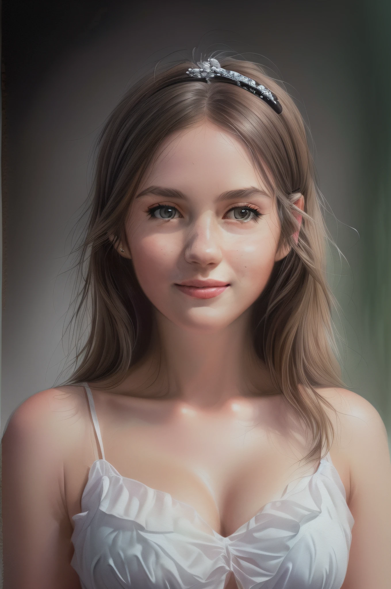 Ealistic light, pretty lady,age23, cute face, bright face with lowered eyes and smiling, smooth skin, black hair, black eyes portrait painting, green single color background, simple micro dress, top model, super detailed painting, big breasts, see-through camisole, portrait composition, looking at camera, blur, 16k, 3d rendering, octane rendering, intricate details, 8k post-production, high resolution,incredibly realistic and detailed expression, toned body, full-length portrait, full body photography, 8k UHD, masterpiece, ultra-fine details