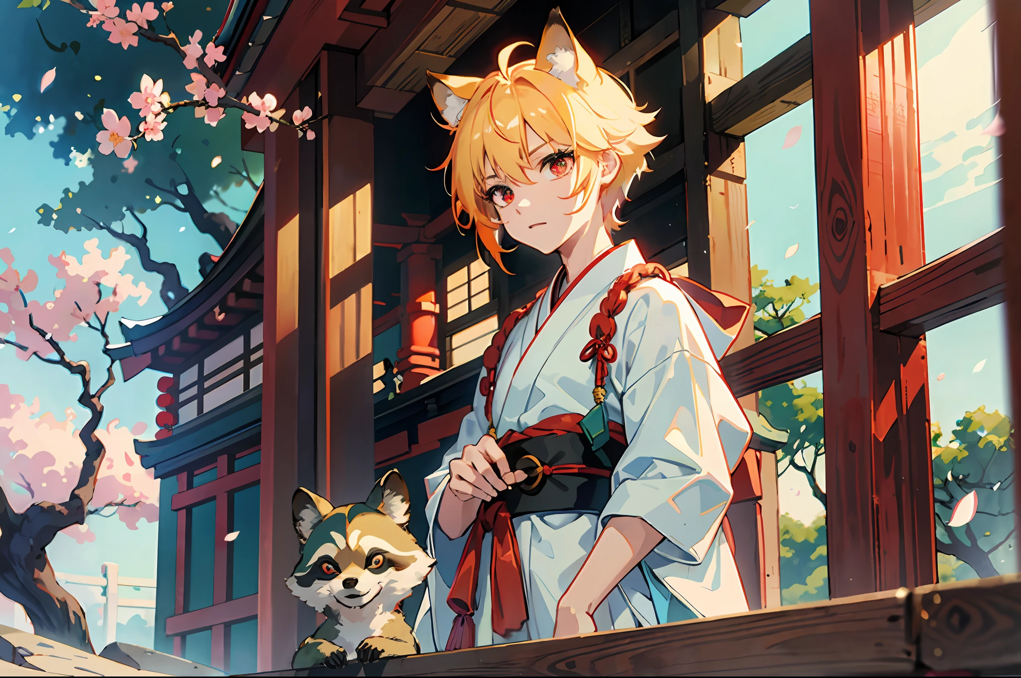 (Representative work: 1.4, highest quality, 8k), (2 boys: 1.6), (blonde spiked hair and red eyes, fox ears and tail: 1.1), (short green hair and big eyes, raccoon ears and tail: 1.2), (Japan Shinto priest, white and light blue hakama: 1.3), cherry blossom viewing on the balcony, background is a temple in Kyoto.