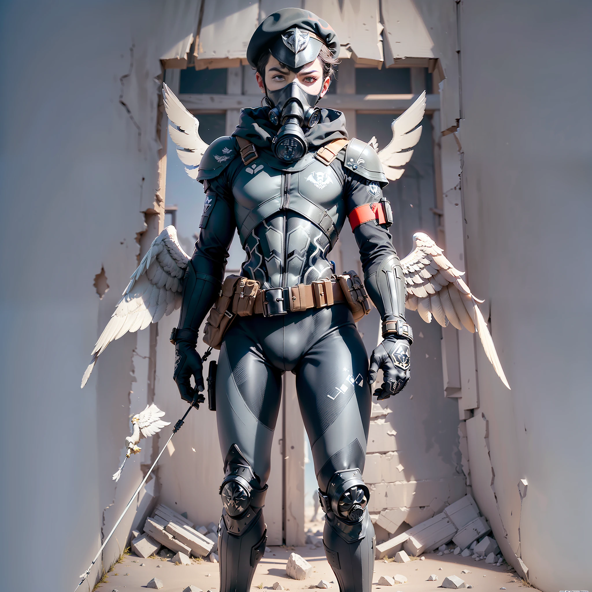 ((highest quality)), ((masterpiece)), (Details:1.4), 3D, full body, image of a man in a jet black tight lightweight cybersuit with white skeleton paint on body armor, full body black armor, black junior soldier, (((Loyalty pose with right hand raised up)), obedience, (( Skeleton face paint and gas mask)), ((beret)), ((small emblem designed by an eagle with outstretched wings)), (all look the same)), (((background of the hideout of the evil secret society)),