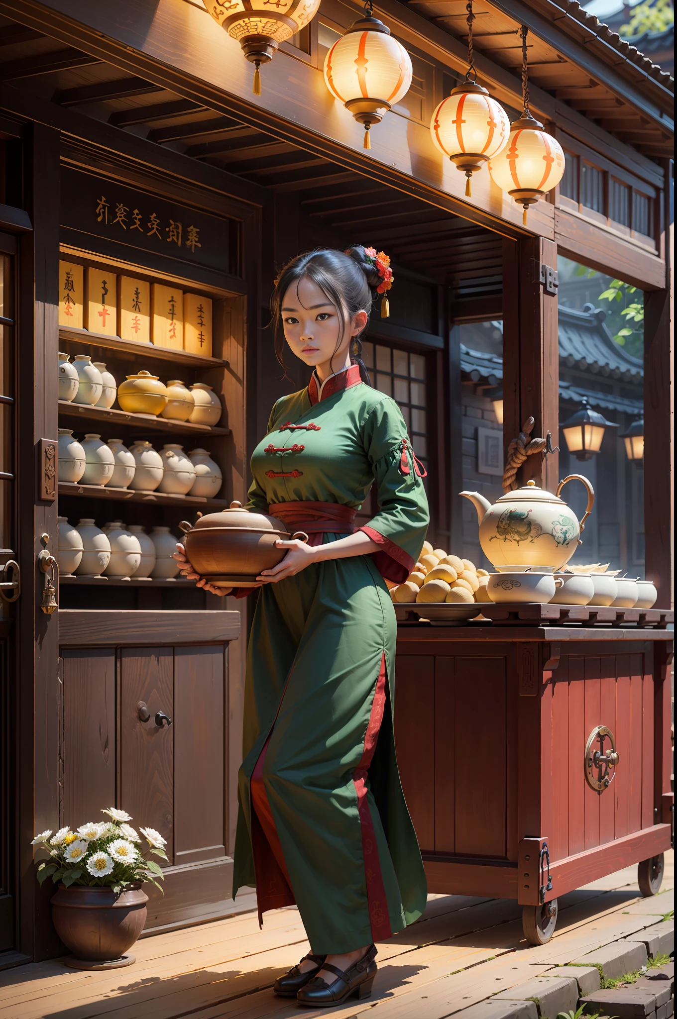 Sales female staff, dark green clothing, (best quality) (masterpiece) (realistic) (detailed)
Night, dragon dances, fireworks,
red walls, stone streets, roads, tiles, beams, wooden doors, crockpots, green trees, vegetation, flowers, stone floors,
Laterite walls, mahogany beams, red lanterns,
steamed buns, steamers, chopsticks, porcelain bowls, wine jugs, vases, yellow dogs,
Carriages, boxes, rivets, ropes, hooks, clamps, rattles,
crowd, shopping, leisure, fun, decoration, play,
Oriental, traditional, ancient, classical Chinese style, peasant style, delicate, soft, bright, cheerful,
song