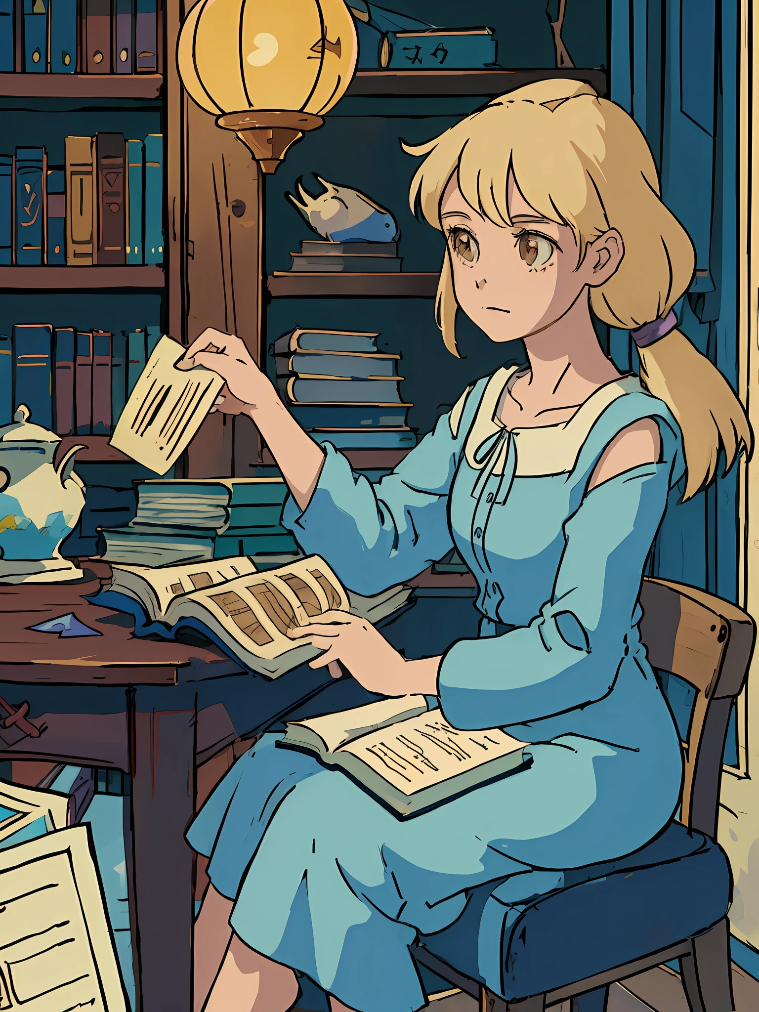 anime girl sitting at a table reading a book in a library, full color illustration, howls moving castle, official illustration, by Miyazaki, studio ghibli artstyle, official art, detailed 2d illustration, from cryptid academia, rpg book portrait, detailed fanart, alchemist library background, studio ghibli art style, dusty library, the librarian, full color digital illustration