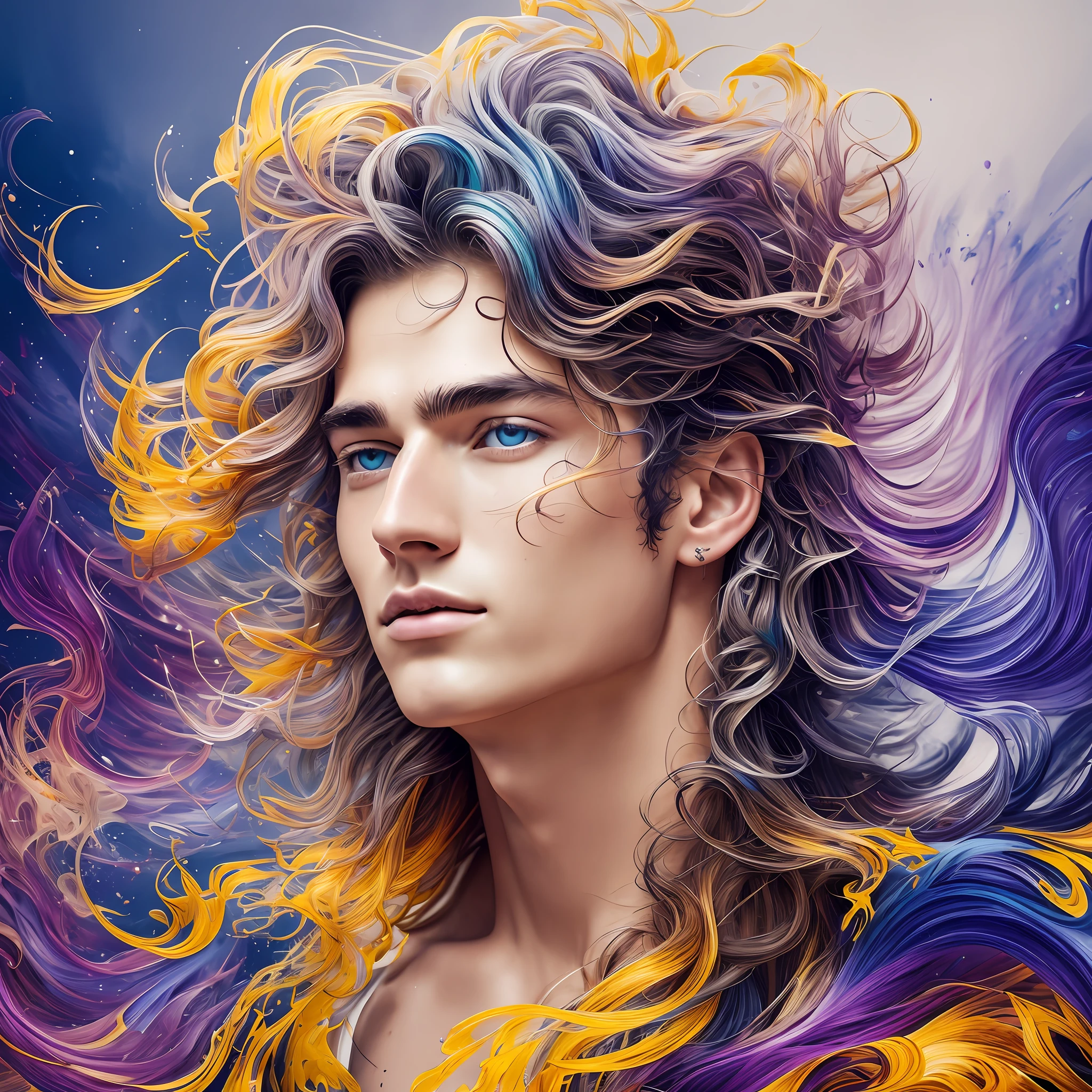 Gorgeous man: a 21-year-old man, messy hair, oil painting, perfect face with soft skin and perfect face, blue yellow colors, light purple and violet additions, light red additions, intricate details, home screen, 8k resolution, masterpiece, beautiful face, soft artstation digital painting black ink flow: 8k resolution Photorealistic masterpiece: Intricately detailed fluid gouache painting: by Jean Baptiste Mongue: calligraphy: acrylic: watercolor art, professional photography, natural lighting, volumetric lighting Maximalist photoillustration: by Marton Bobzert: , complex, elegant, expansive, fantastic, wavy hair, vibrant --auto --s2