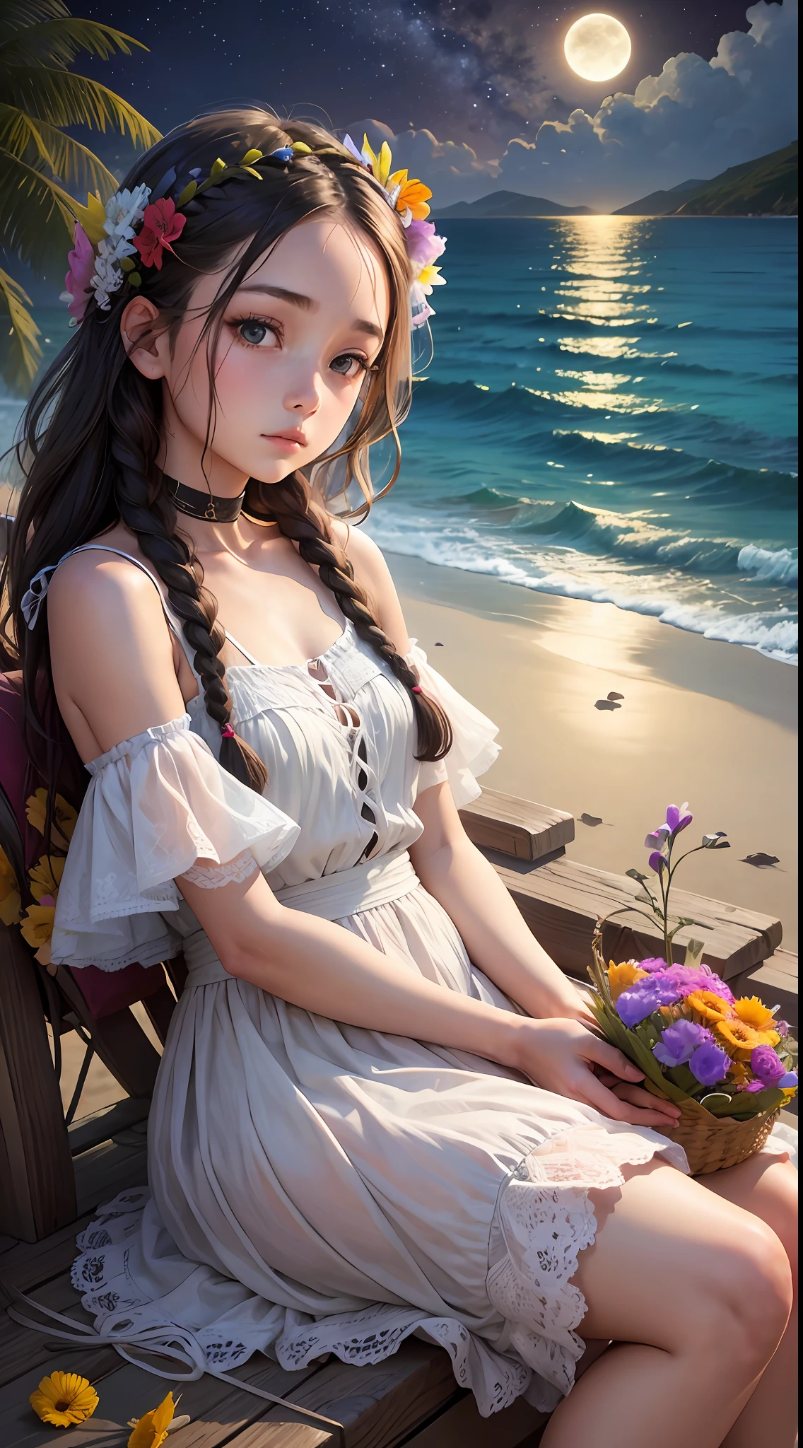 A girl with twisted braids sits by the sea, at night, holding a bouquet of flowers in her hand --auto --s2