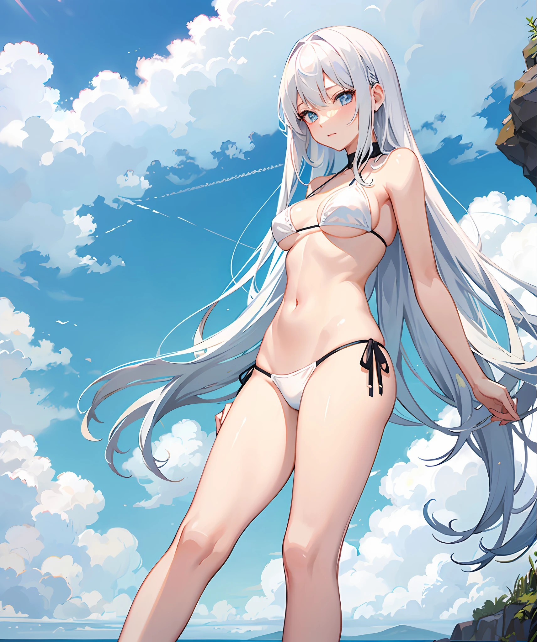 sexy, white hair, medium breast, blue eye, side tie bikini, slim legs, long hair, sunny day