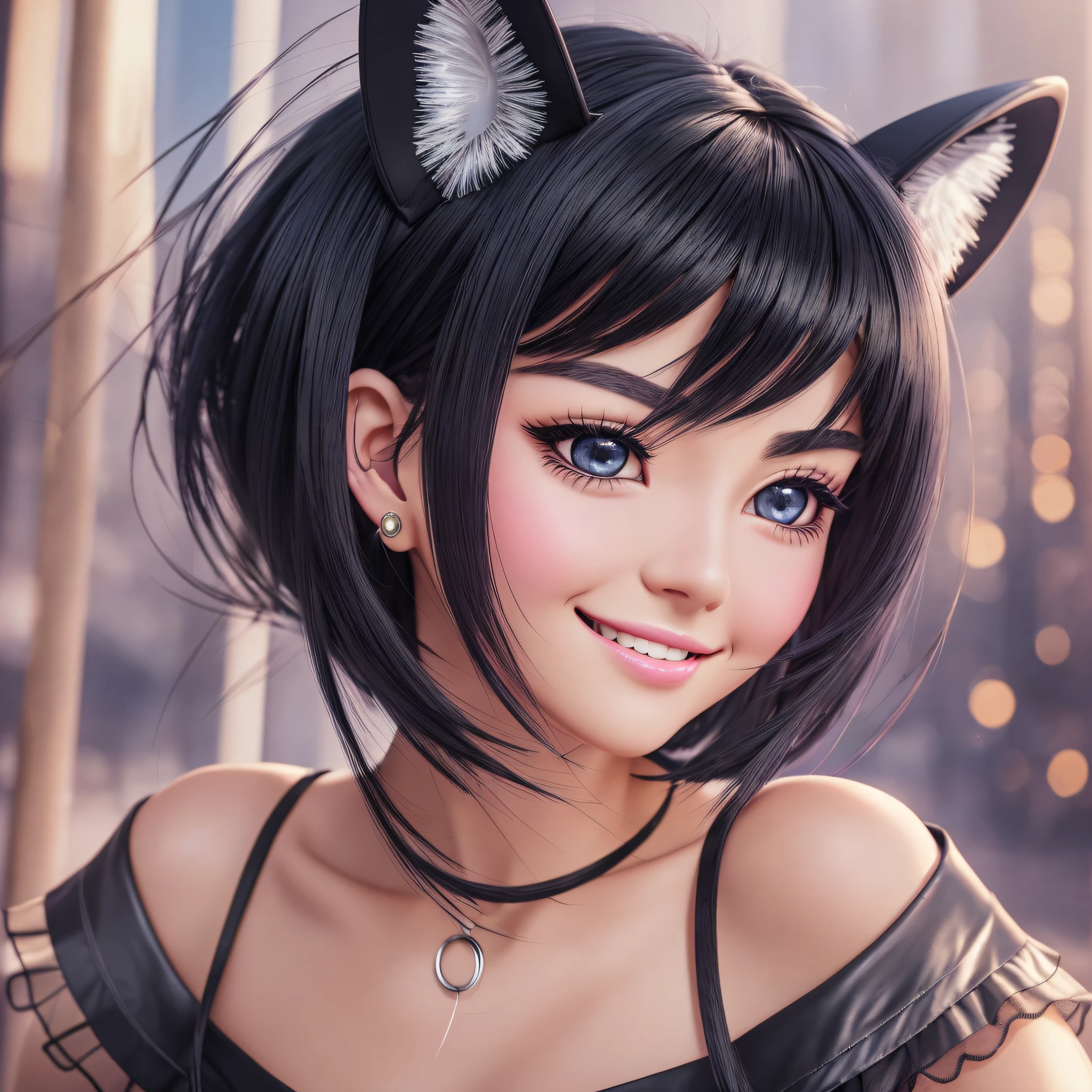 black hair, hair bobbles, wince, longeyelashes, solid circle eyes, fake animal ears, light smile, ear blush, fang, Surrealism, drop shadow, anaglyph, pov, atmospheric perspective, 8k, super detail, ccurate, best quality, 16k --auto --s2
