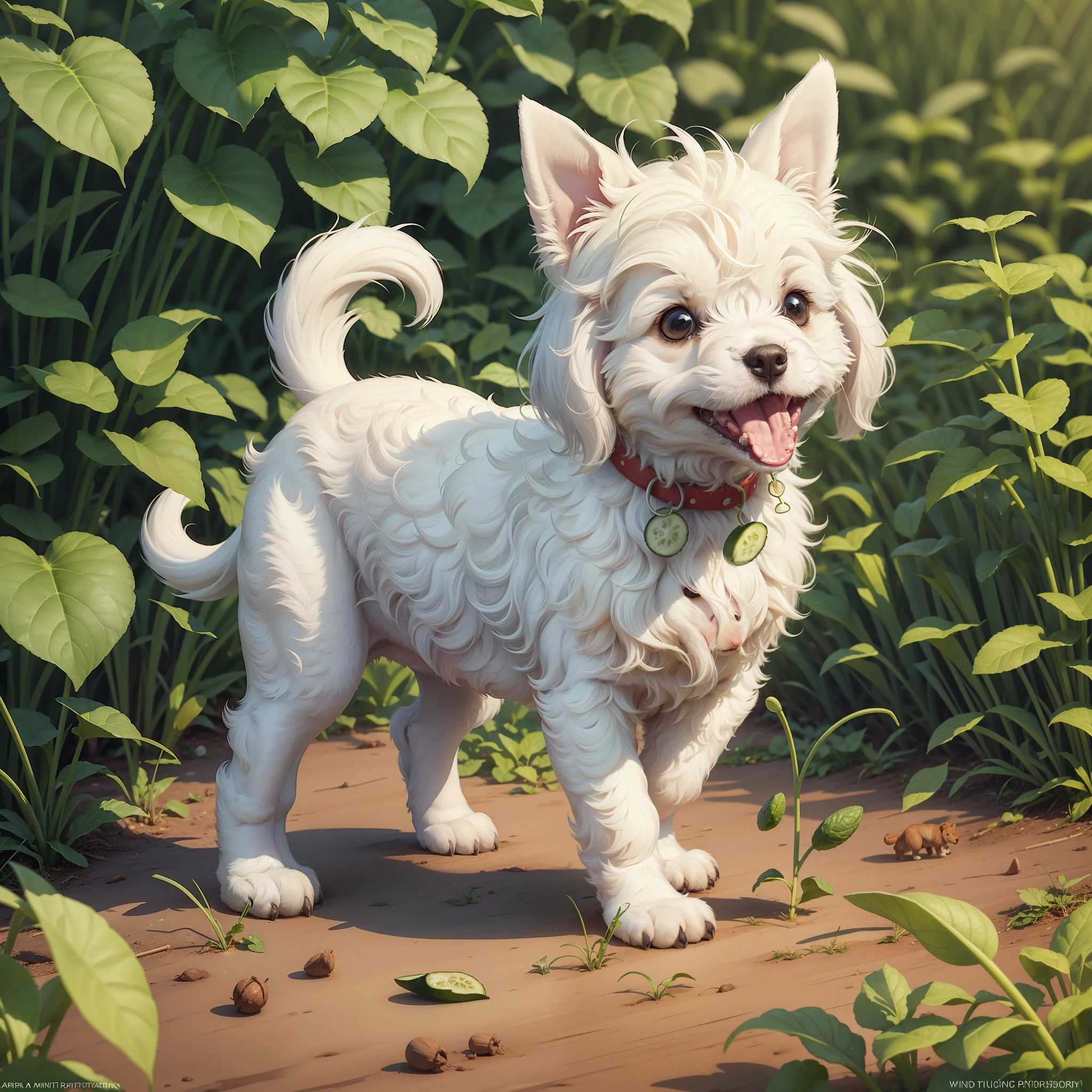 Puppy eating cucumber in the field, standing on its hind legs, holding a cucumber with its front legs, animated, Maltese, infant body shape with a popping belly, white hair, realistic 8K --auto --s2