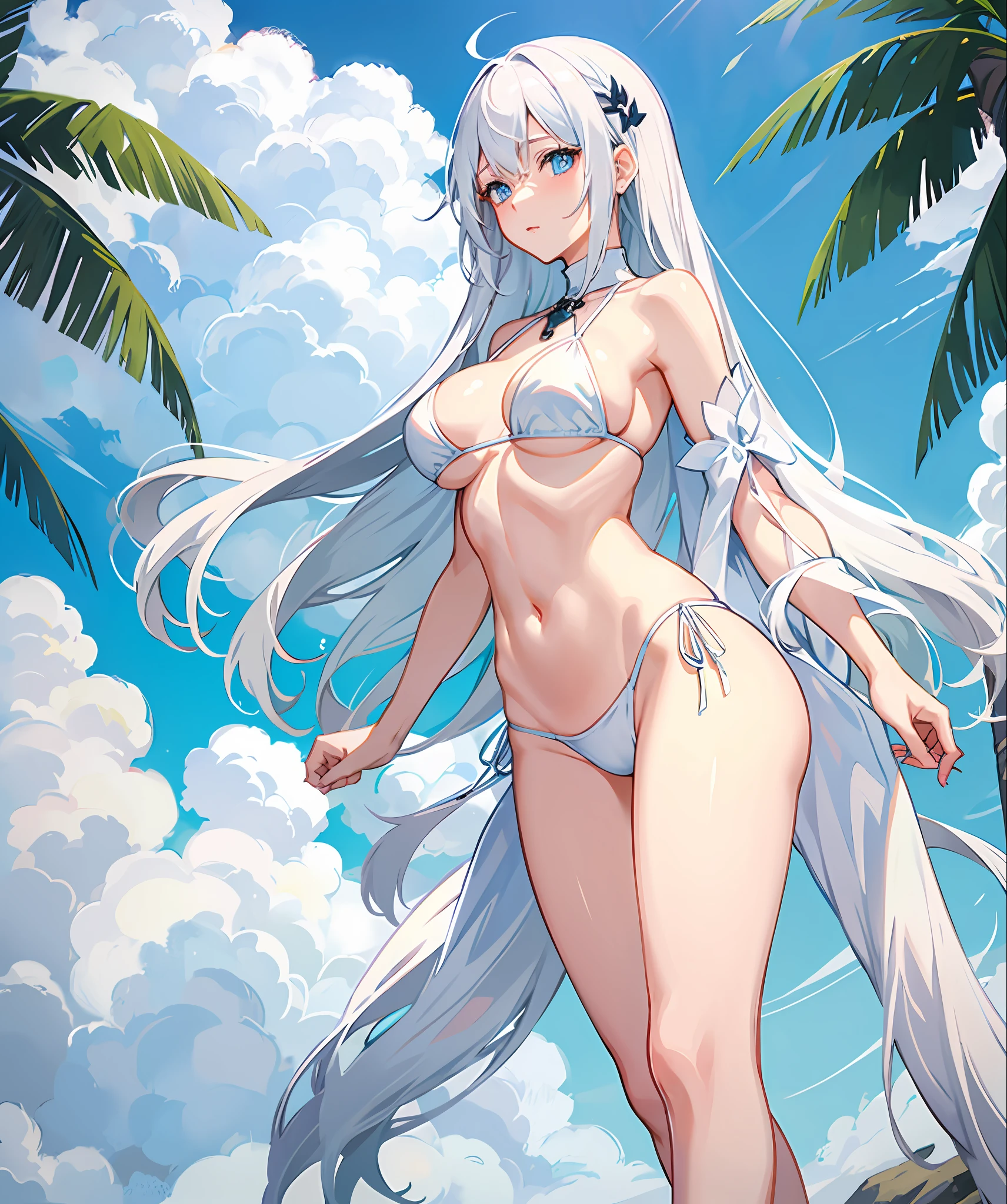 sexy, white hair, medium breast, blue eye, side tie bikini, slim legs, long hair, sunny day