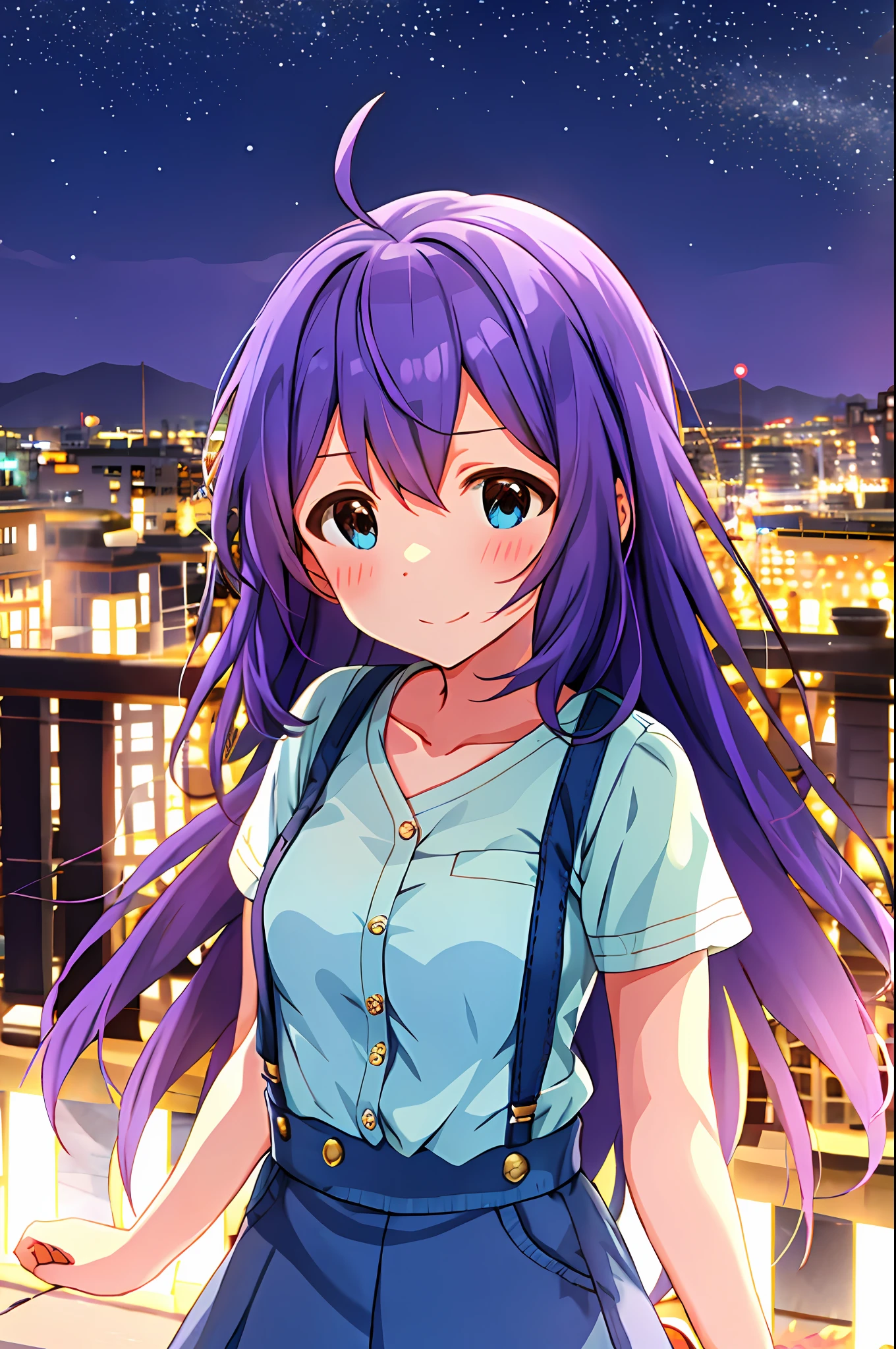 Anna Mochizuki (Million Live), (Top Quality, 8K, Masterpiece, Super Detail: 1.2),
1 girl, suspender clothes.skirt.blush, seraphku, collarbone, bow, ribbon, blue bow.night.nightview.outdoors.