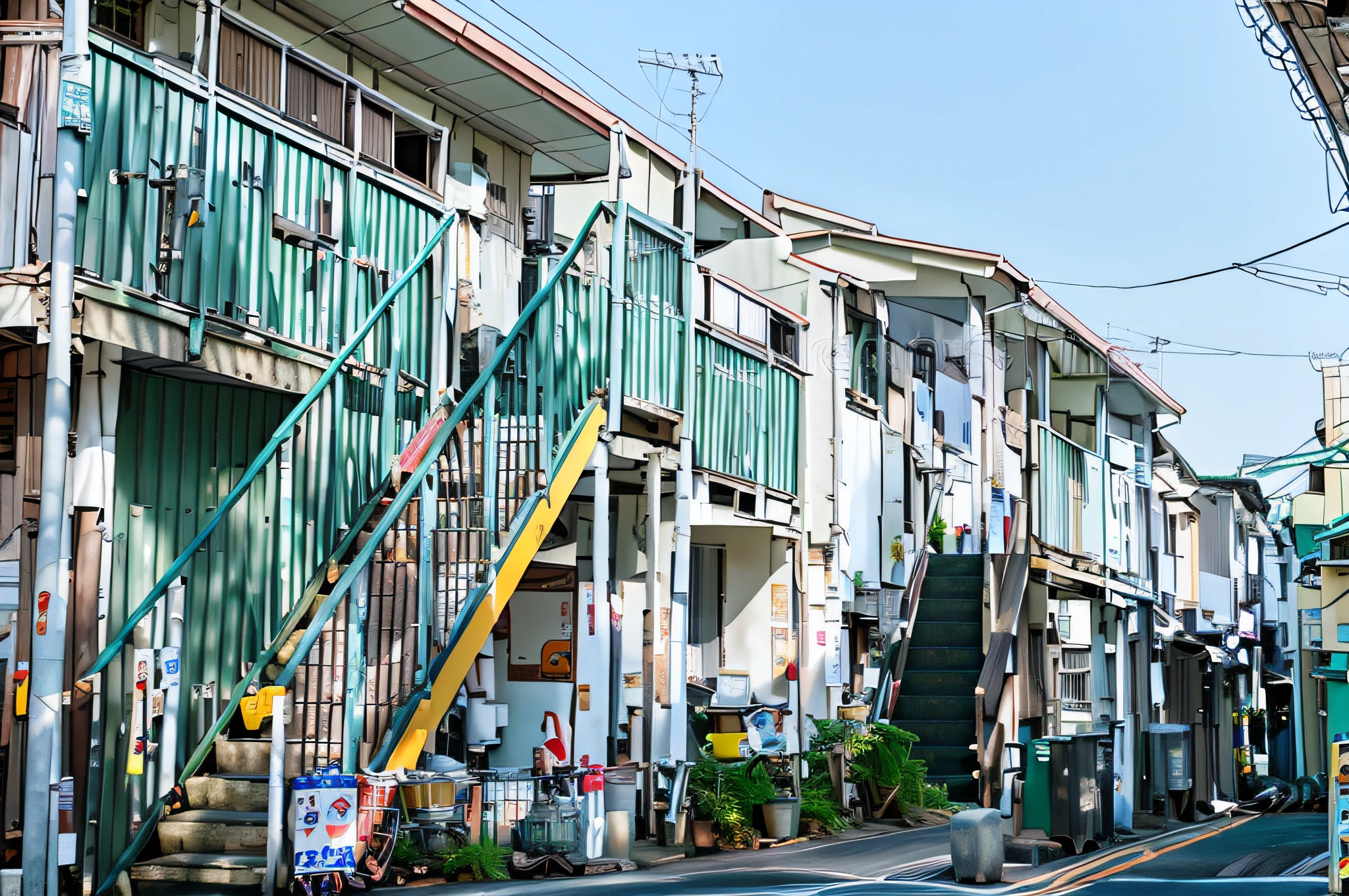 Noon, crisp illustration, illustration like anime background, thick line art, day, bright, white building with stairs on its sides, residential area, Japan neighborhood, pedestrian bridge between houses, high terrace, Yoshihisa, Japan apartment, shot in 2 4 mm ISO 8 0 0 color, Sigma 2 0 mm f1. 4、f / 1。 9 6.8 1 mm ISO 4 0, Hironaka