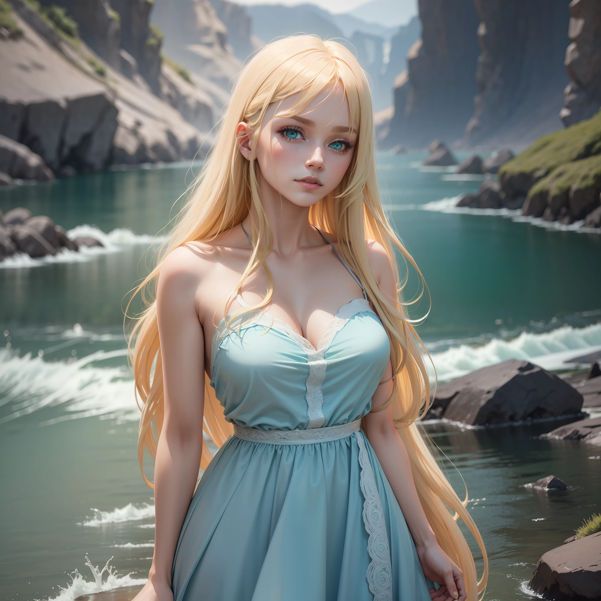 Woman, long blonde hair, water green eyes,solo,32k,Super-Resolution,Full-HD,1080p,Fullscreen,Wallpaper,Generated by Midjourney,1080p, alone, bangs in hair, dressed in a light blue dress