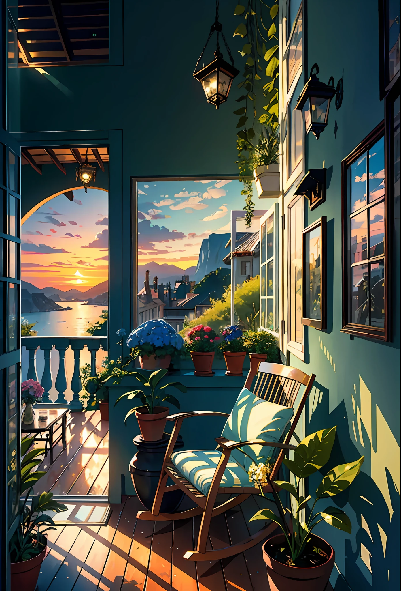 Veranda, Terrace, balcony, embankment, huge, plants in pots, flowers in a vase, figurines, rocking chair, birds, cat, expensive and cozy interior, creative workshop, décor, Cozy artist's workshop, easel, color palette, acrylic paints, paintings, large windows, loggia, art, awards, table, sofa, armchairs, mirror, crystals, meditation, harmony, many books on the walls, view from the window, sea, mountains,  amazing sunset, floral arrangements, paints, brushes, artist's theme, graceful, dynamic bright lighting, happiness, full color, multicolored, artificial, highest detail, super quality, fine details, highlights, neon lights, masterpiece, best colors