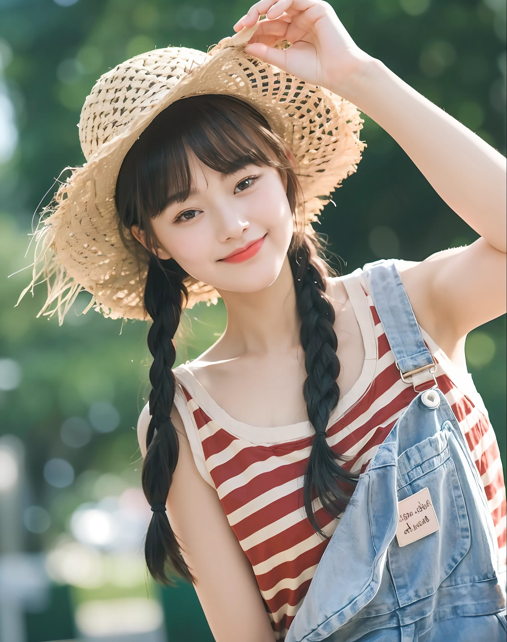 (Masterpiece)), (Best Quality), (detailed), 1 girl, 18 years old, playful expression, medium breasts, long hair, beautiful, natural, not exposed, alafi woman with baseball bat in straw hat and overalls, straw hat, a cute young woman, anime girl in real life, young cute girl in straw hat, Chinese girl, straw hat and overalls, attractive girl, cute thin face for girl, cute young woman, cute - fine face, Cute young girl