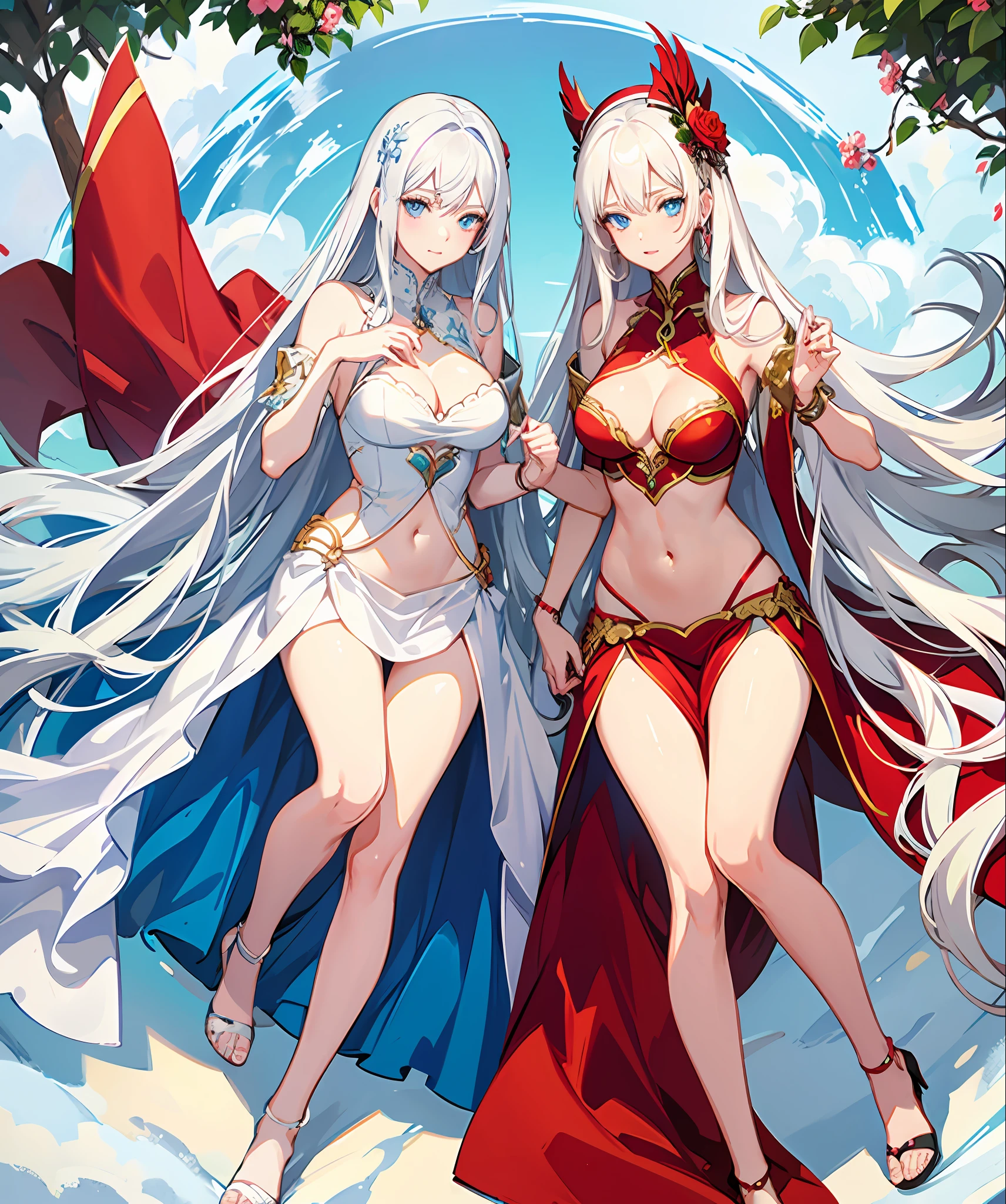 white hair, blue eyes, long hair, red gown, navel, cleavage, medium breast, slim legs, sunny day