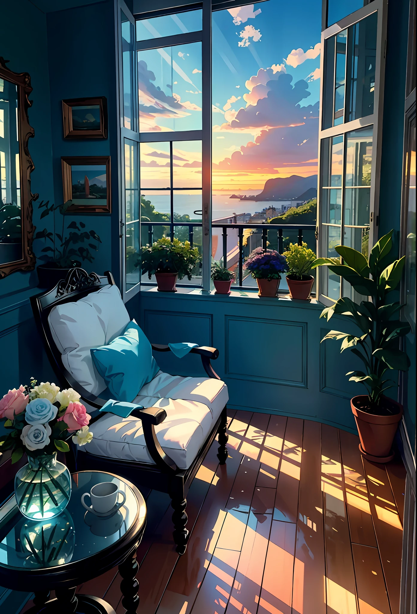 Veranda, Terrace, balcony, embankment, huge, plants in pots, flowers in a vase, figurines, rocking chair, birds, cat, expensive and cozy interior, creative workshop, décor, Cozy artist's workshop, easel, color palette, acrylic paints, paintings, large windows, loggia, art, awards, table, sofa, armchairs, mirror, crystals, meditation, harmony, many books on the walls, view from the window, sea, mountains, amazing sunset, floral arrangements, paints, brushes, artist's theme, graceful, dynamic bright lighting, happiness, full color, multicolored, artificial, highest detail, super quality, fine details, highlights, neon lights, masterpiece, best colors
