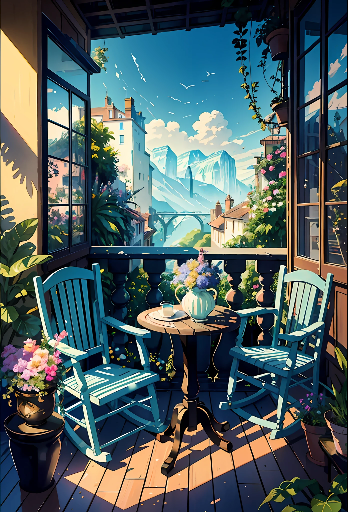 Veranda, Terrace, balcony, embankment, huge, plants in pots, flowers in a vase, figurines, rocking chair, birds, cat, expensive and cozy interior, creative workshop, décor, Cozy artist's workshop, easel, color palette, acrylic paints, paintings, large windows, loggia, art, awards, table, sofa, armchairs, mirror, crystals, meditation, harmony, many books on the walls, view from the window, sea, mountains, amazing sunset, floral arrangements, paints, brushes, artist's theme, graceful, dynamic bright lighting, happiness, full color, multicolored, artificial, highest detail, super quality, fine details, highlights, neon lights, masterpiece, best colors