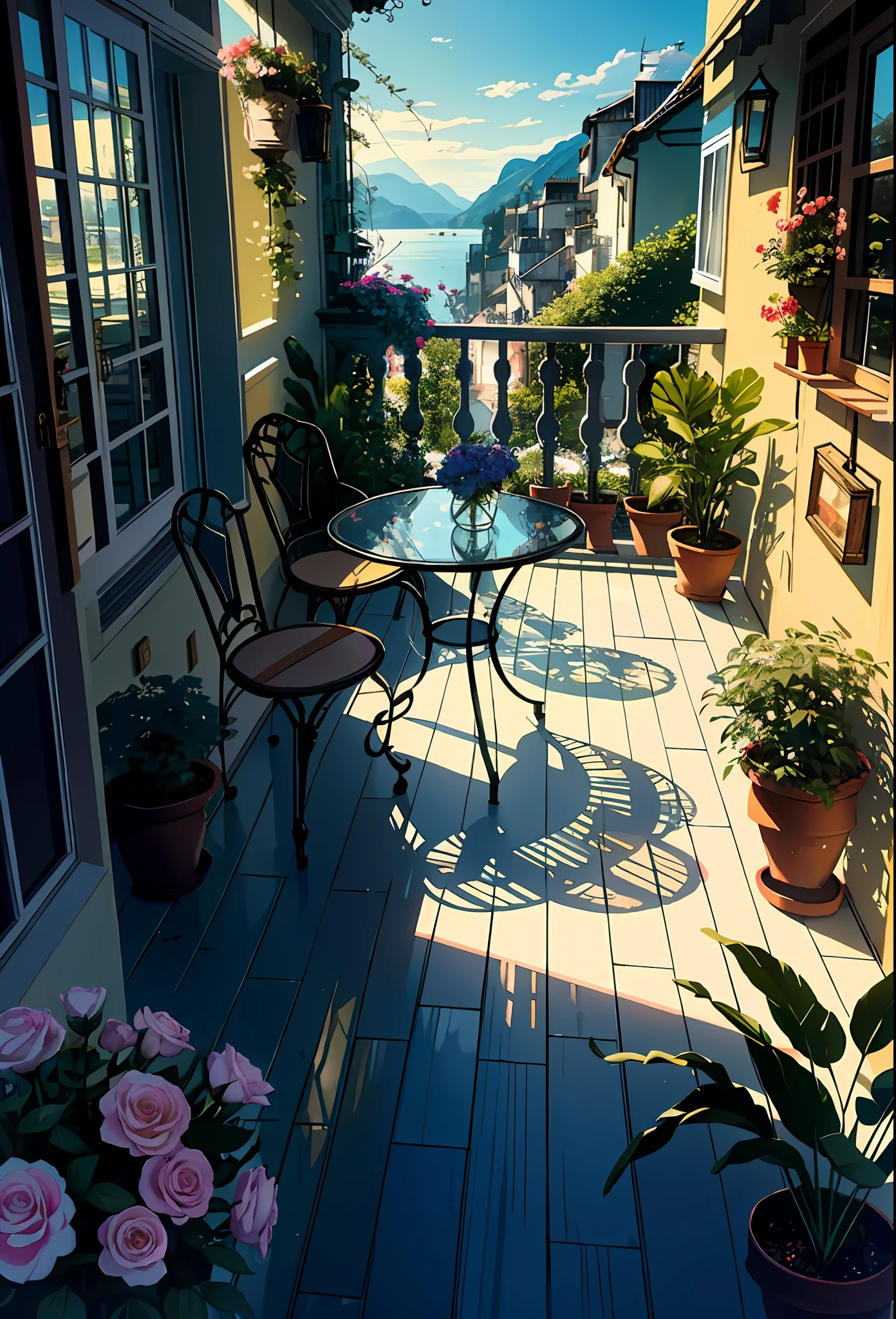 Veranda, Terrace, balcony, embankment, huge, plants in pots, flowers in a vase, figurines, rocking chair, birds, cat, expensive and cozy interior, creative workshop, décor, Cozy artist's workshop, easel, color palette, acrylic paints, paintings, large windows, loggia, art, awards, table, sofa, armchairs, mirror, crystals, meditation, harmony, many books on the walls, view from the window, sea, mountains,  amazing sunset, floral arrangements, paints, brushes, artist's theme, graceful, dynamic bright lighting, happiness, full color, multicolored, artificial, highest detail, super quality, fine details, highlights, neon lights, masterpiece, best colors