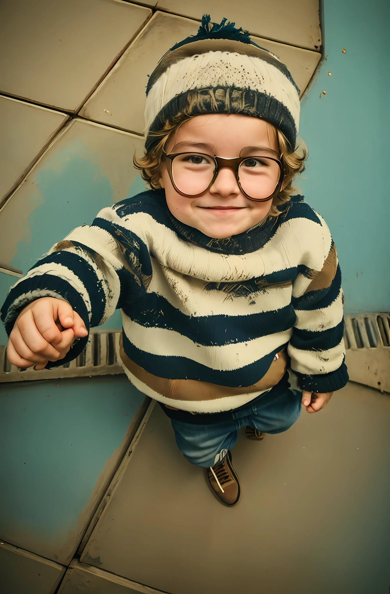 Boy in striped sweater and jeans in front of a wall, four years old, his blonde hair is messy and disheveled, smiling happily for the camera, 4 years, 2 years, frontal portrait, curls on top of head, realistic, background of a city