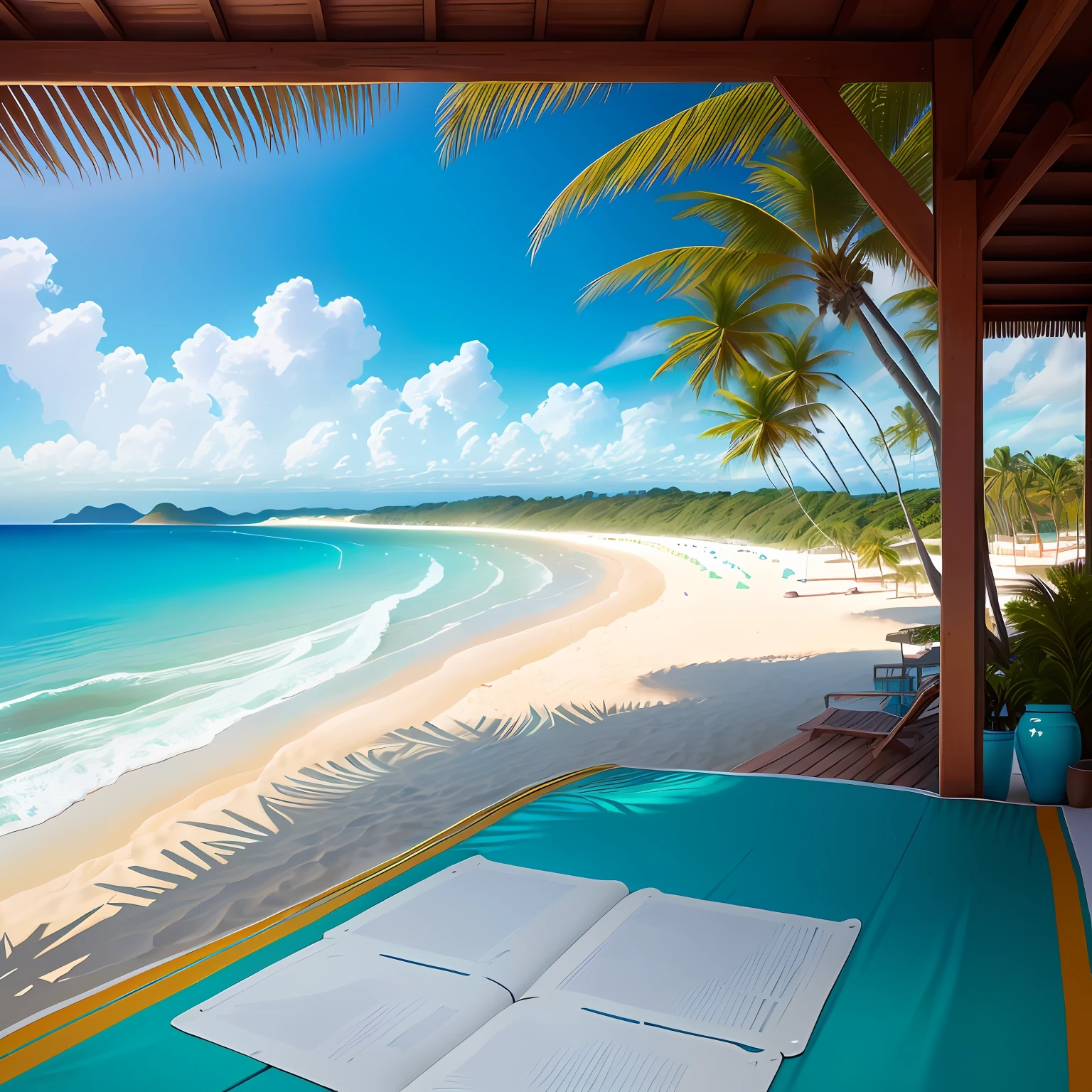 Here is a description for creating an image using AI:

The image depicts a stunning beach in northeastern Brazil, where the sun shines brightly in the clear blue sky. The soft, golden sand stretches along the coast, inviting visitors to enjoy a relaxing day under the tropical sun.

The wind blows gently, creating small ripples in the crystal clear waters of the sea. The ocean stretches to the horizon, displaying a color palette ranging from turquoise blue to emerald green.

Along the beach, majestic palm trees sway gracefully in the breeze, offering shade and an exotic ambience. Its verdant leaves form a natural frame to the landscape, adding a sense of tranquility to the environment.

Happy, laid-back people can be seen scattered along the beach. Some relax on beach towels, while others play in the warm waters, diving or practicing water sports. The sound of laughter and crashing waves creates a lively and welcoming atmosphere.

On the horizon, a small fishermen's boat sways slightly, punctuating the landscape with a picturesque local view. In the background, lush green hills stretch, adding a natural beauty to the landscape.

This image conveys a sense of serenity, joy and the magic of the northeastern Brazilian coast. It is an invitation to venture into this tropical paradise and enjoy the beauty of the beach, the warmth of the sun and the refreshing breeze