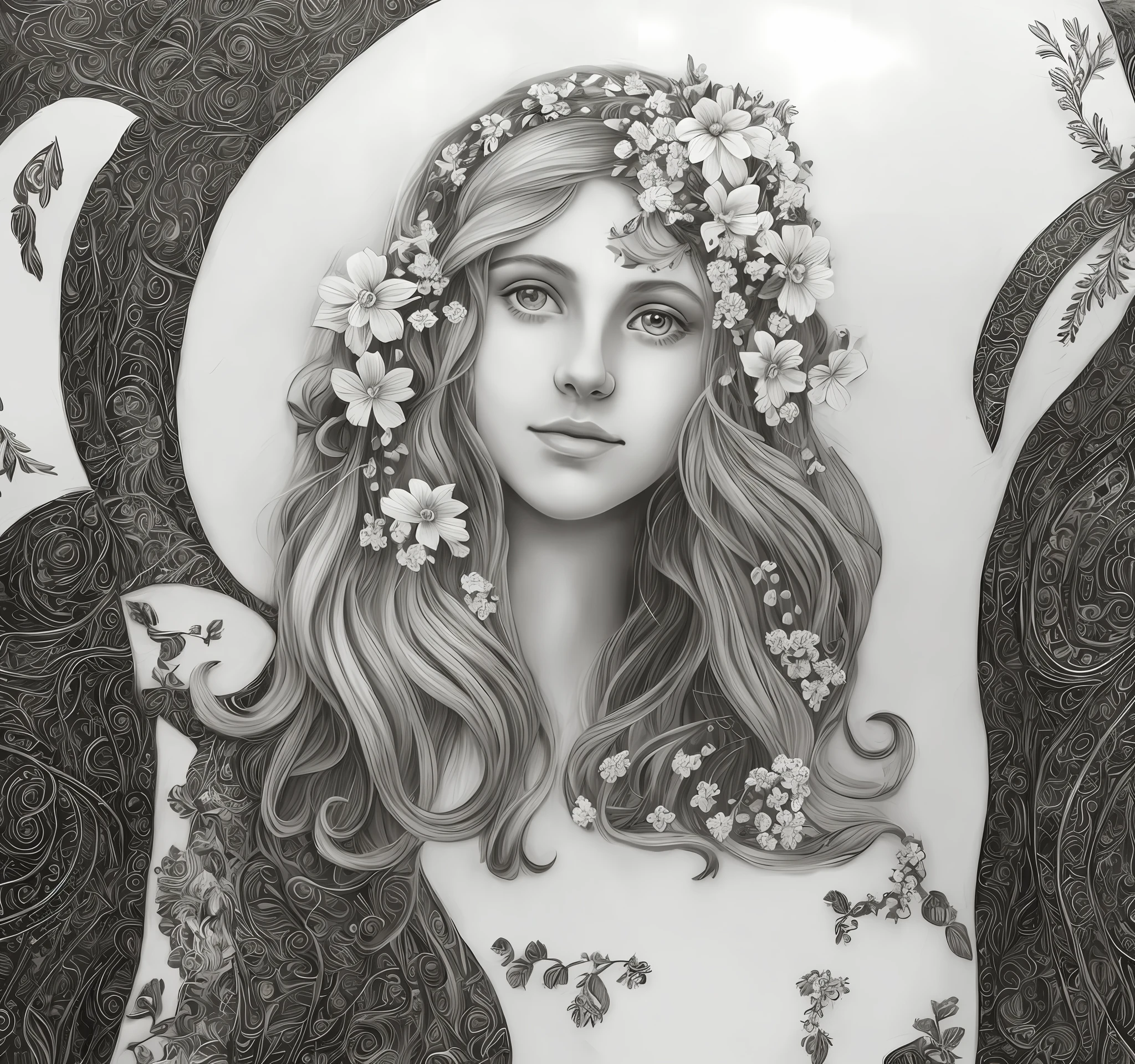 Zodiac Virgo with a beautiful girl with flowers in her hair, goddess, black and white decorative painting, extremely high detail, vector drawing, line art, young beautiful hippie girl, extremely detailed woman, detailed female face, very detailed and beautiful face, official illustration, vector line - art style, gorgeous highly detailed face, portrait of a goddess, portrait of a beautiful goddess, beautiful highly detailed face, pure white background