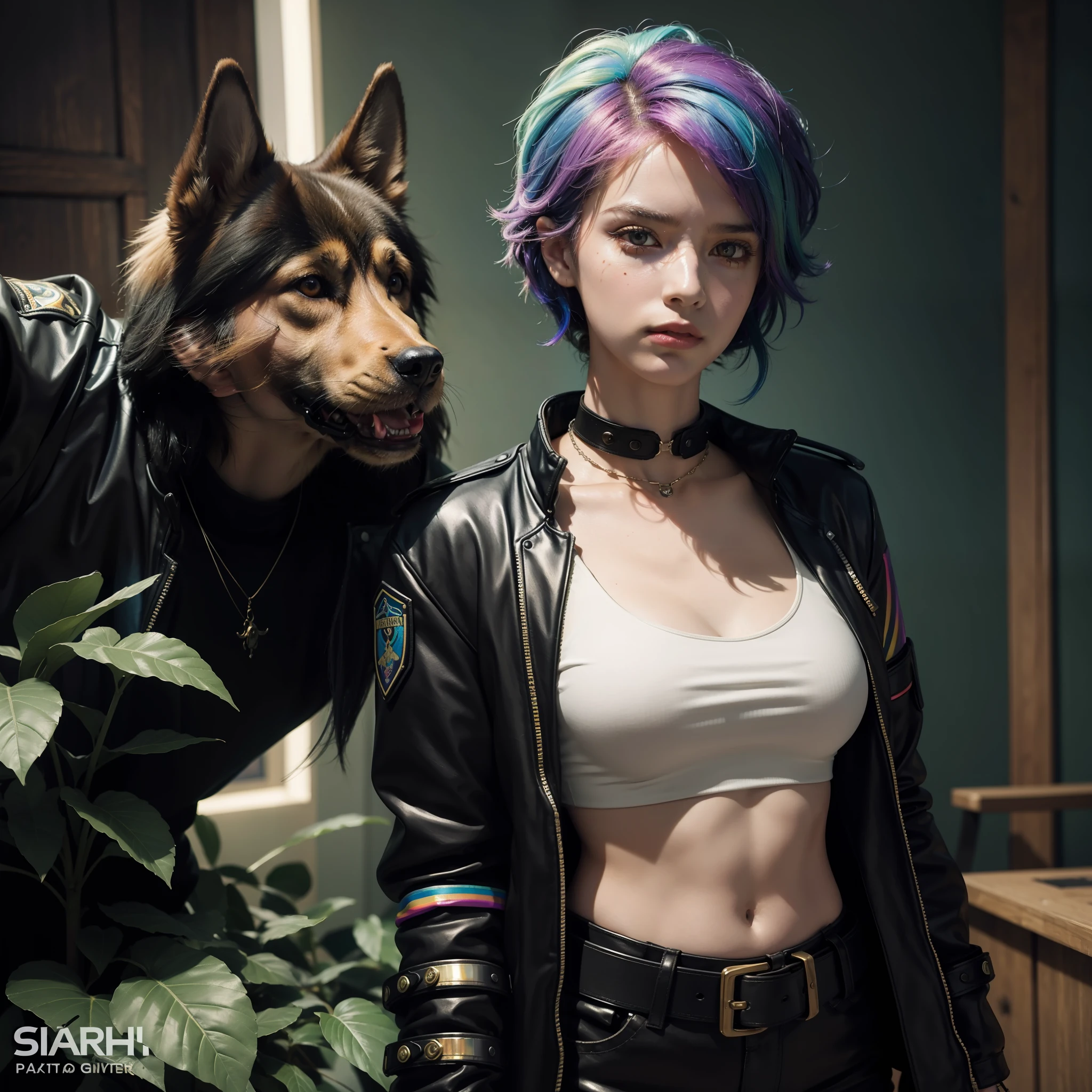1beautiful girl doing sports, artstation hall of fame gallery. anthropomorphic german shepard head animal person fursona wearing clothes strange cyberpunk neon rainbow hair biker jacket very detailed 8k by charlie bowater and titian sharp focus details lush plants james paick mccabe ford madox brown william powell frith frederic leighton john singer sargent oil painting fantasy style hyperrealism cinematic