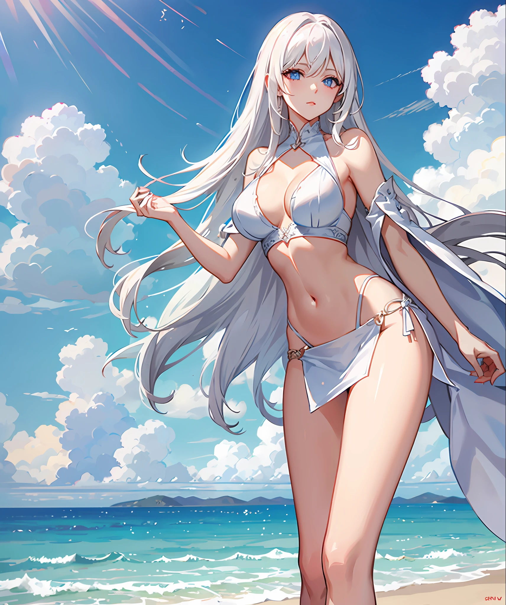 white hair, blue eyes, long hair, red gown, navel, cleavage, medium breast, slim legs, sunny day