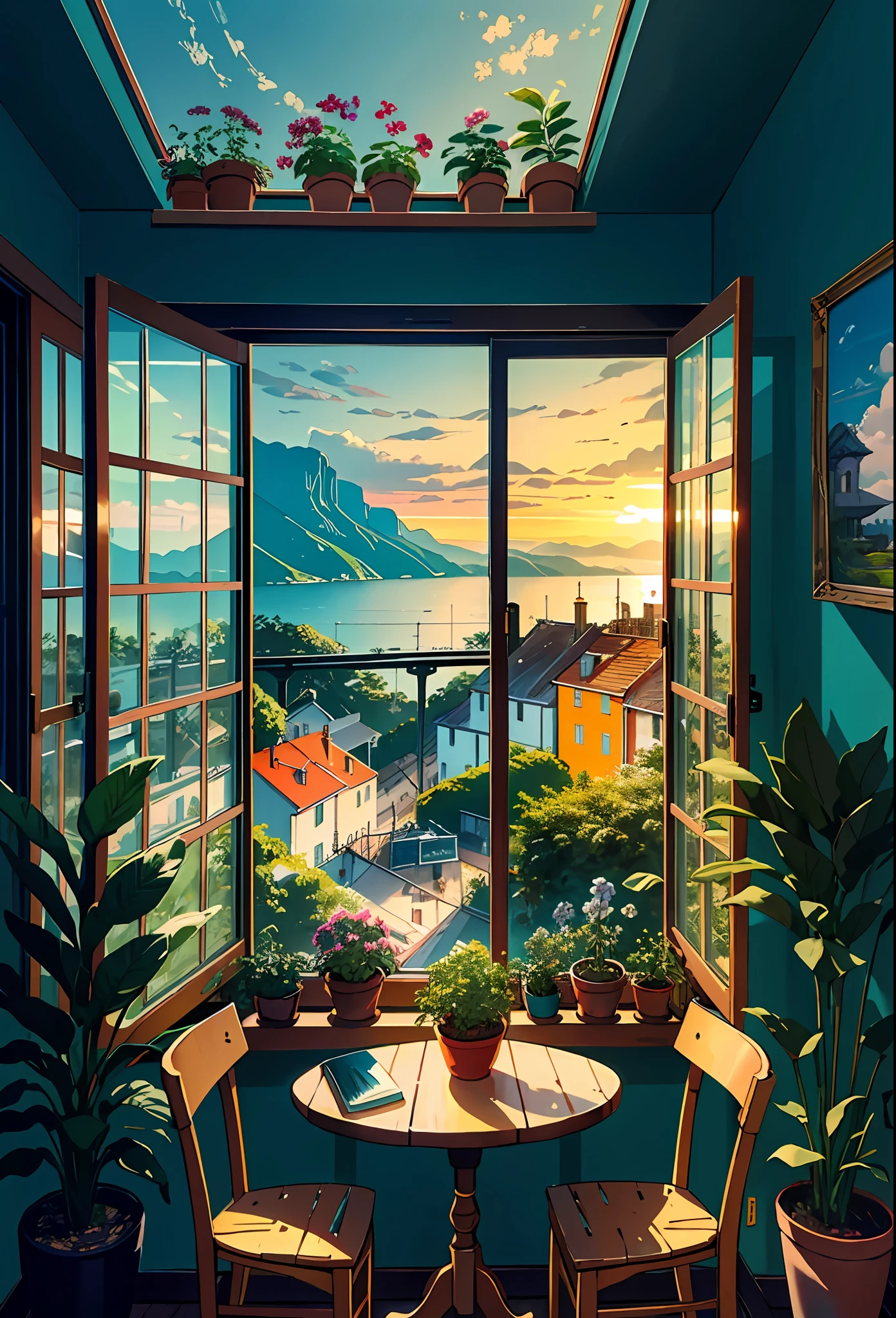 Terrace studio, huge, plants in pots, flowers in a vase, figurines, rocking chair, birds, cat, expensive and cozy interior, creative workshop, décor, Cozy artist's workshop, easel, color palette, acrylic paints, paintings, large windows, loggia, art, awards, table, sofa, armchairs, mirror, crystals, meditation, harmony, many books on the walls, paintings on the walls, view from the window, sea, mountains, amazing sunset, floral arrangements, paints, brushes, artist's theme, graceful, dynamic bright lighting, happiness, full color, multicolored, artificial, highest detail, super quality, fine details, highlights, neon lights, masterpiece, best colors