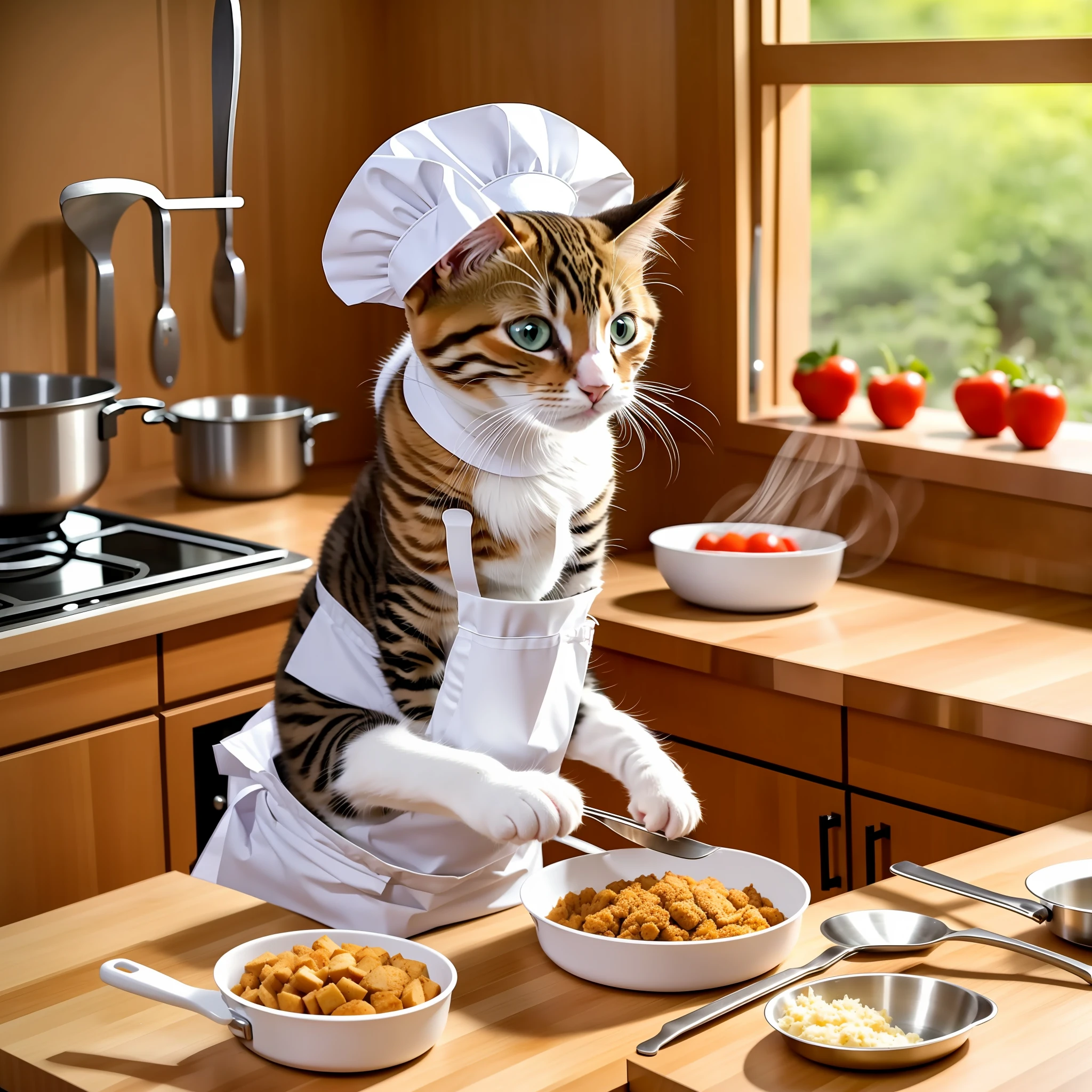 Cute kitten cooking in the kitchen