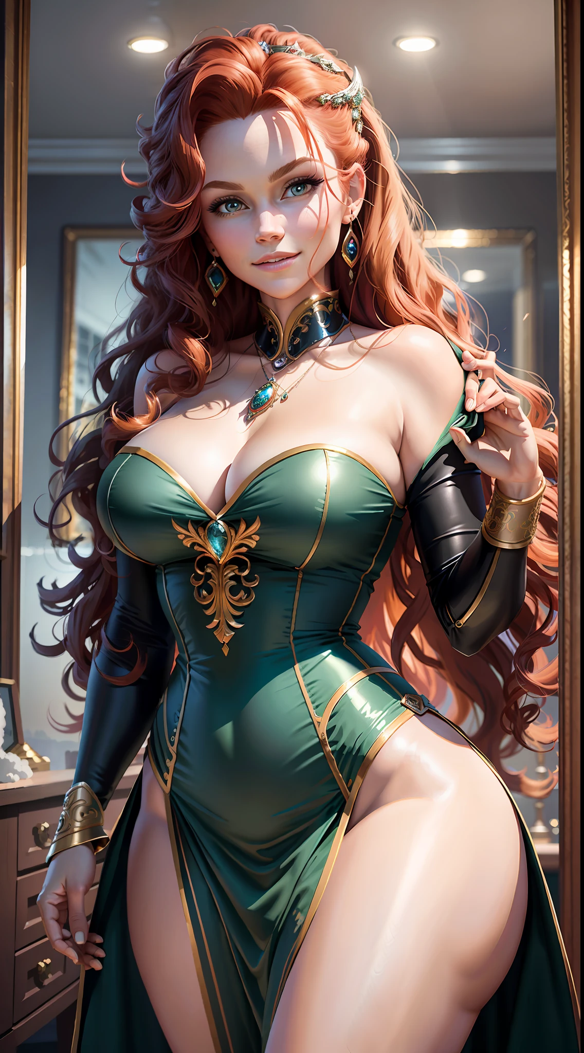 masterpiece, maximum quality, ultra high resolution, 8k, Merida (Brave Movie), extremely beautiful, full body, alone, very thin, extremely detailed face, face identical to movie, detailed eyes, mischievous smile, cheerful, realistic photo, totally realistic, human pelle, studio lighting, perfect, wide hips, thick thighs, , bunched butt, big ass, wearing micro dress, very curly hair, insinuating