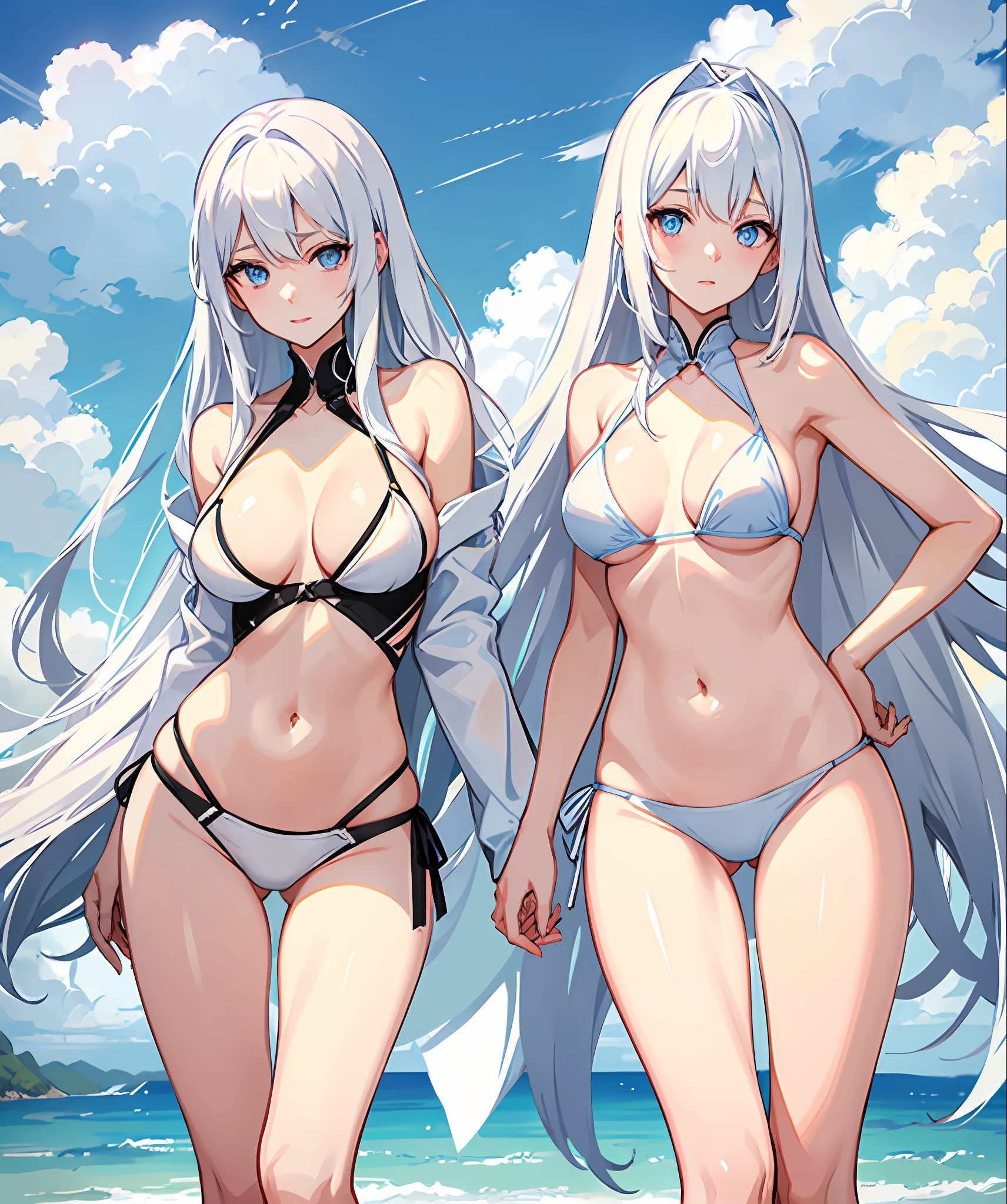 sexy, white hair, medium breast, blue eye, side tie bikini, slim legs, long hair, sunny day