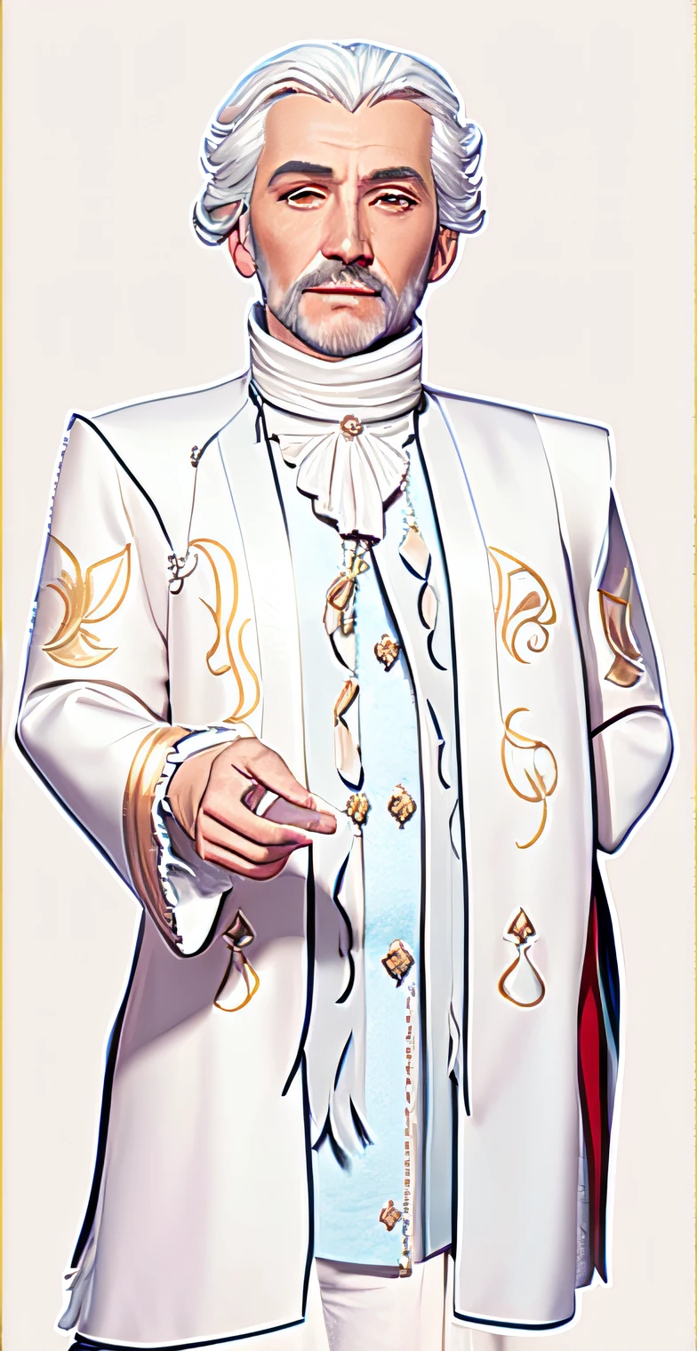 A closeup of a cartoon of a man in a white suit, ((wearing aristocratic robe)), royal elegant pose, wearing aristocratic robe, image of a male cleric, official character illustration, official character art, worthy aristocrat, in a tailcoat, official art, mogul khan, official illustration, wearing formal clothing costume, as a backdrop to the landscape of the castle of Versailles