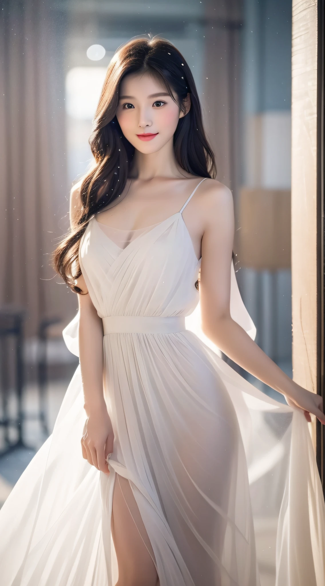 (A Korean Woman), (A Woman), Portrait Mode, Large Depth of Field, 45 Degree View, Royal Sister, Gentle, ((Best Quality, 8K, Masterpiece: 1.3)), Focus: 1.2, Standing Sideways, (Chest Close-up: 1.3), ((Delicate Long Hair)), Highly detailed face and skin texture, Detailed eyes, Double eyelids, Long eyelashes, (Snow white skin), Whitening skin, Smile, 20 years old, soft chiffon transparent dress, long skirt, Mercury dress, elegant dress, Wearing elegant dresses, dresses, soft elegance, beautiful dresses, wearing long dresses, elegant elegance, beautiful soft dresses, chiffon