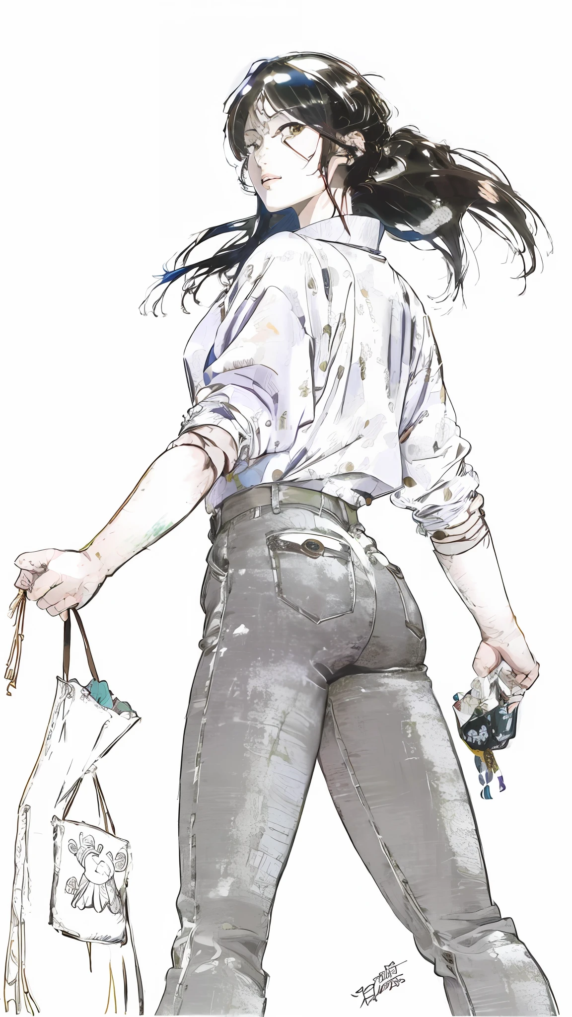 A painting of a woman holding a bag and a bag of food, colorful, plump chest, exposed shoulders m, Rei Hiroe Black Lagoon manga, Fujishima Takeji, Miura Kentaro, Nihei Atsushiko Art, Araki Hirohiko, Amano Yumihiko, Shiro Masamune, Kondo, Ishida Mizuart Manga