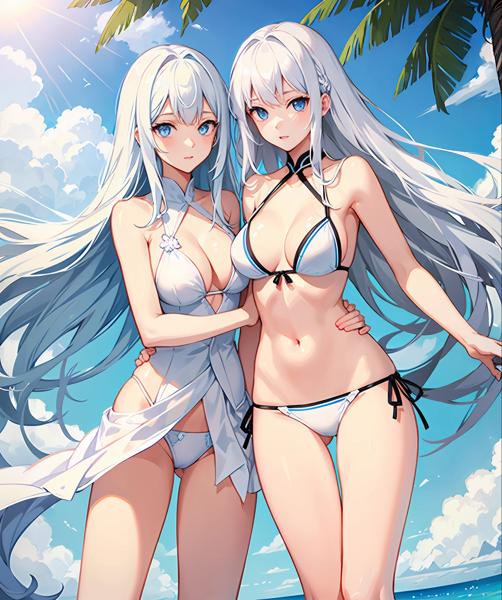 sexy, white hair, medium breast, blue eye, side tie bikini, slim legs, long hair, sunny day