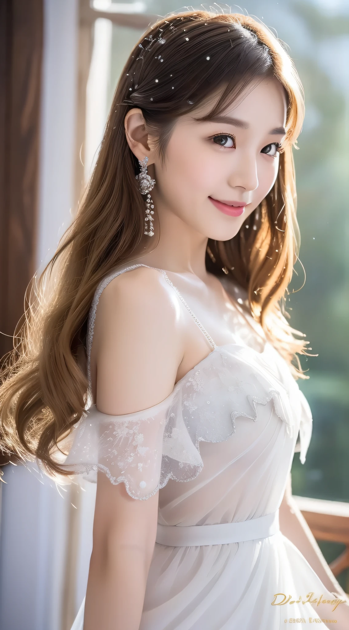 (A Korean Woman), (A Woman), Portrait Mode, Large Depth of Field, 45 Degree View, Royal Sister, Gentle, ((Best Quality, 8K, Masterpiece: 1.3)), Focus: 1.2, Standing Sideways, (Chest Close-up: 1.3), ((Delicate Long Hair)), Highly detailed face and skin texture, Detailed eyes, Double eyelids, Long eyelashes, (Snow white skin), Whitening skin, Smile, 20 years old, soft chiffon transparent dress, long skirt, Mercury dress, elegant dress, Wearing elegant dresses, dresses, soft elegance, beautiful dresses, wearing long dresses, elegant elegance, beautiful soft dresses, chiffon