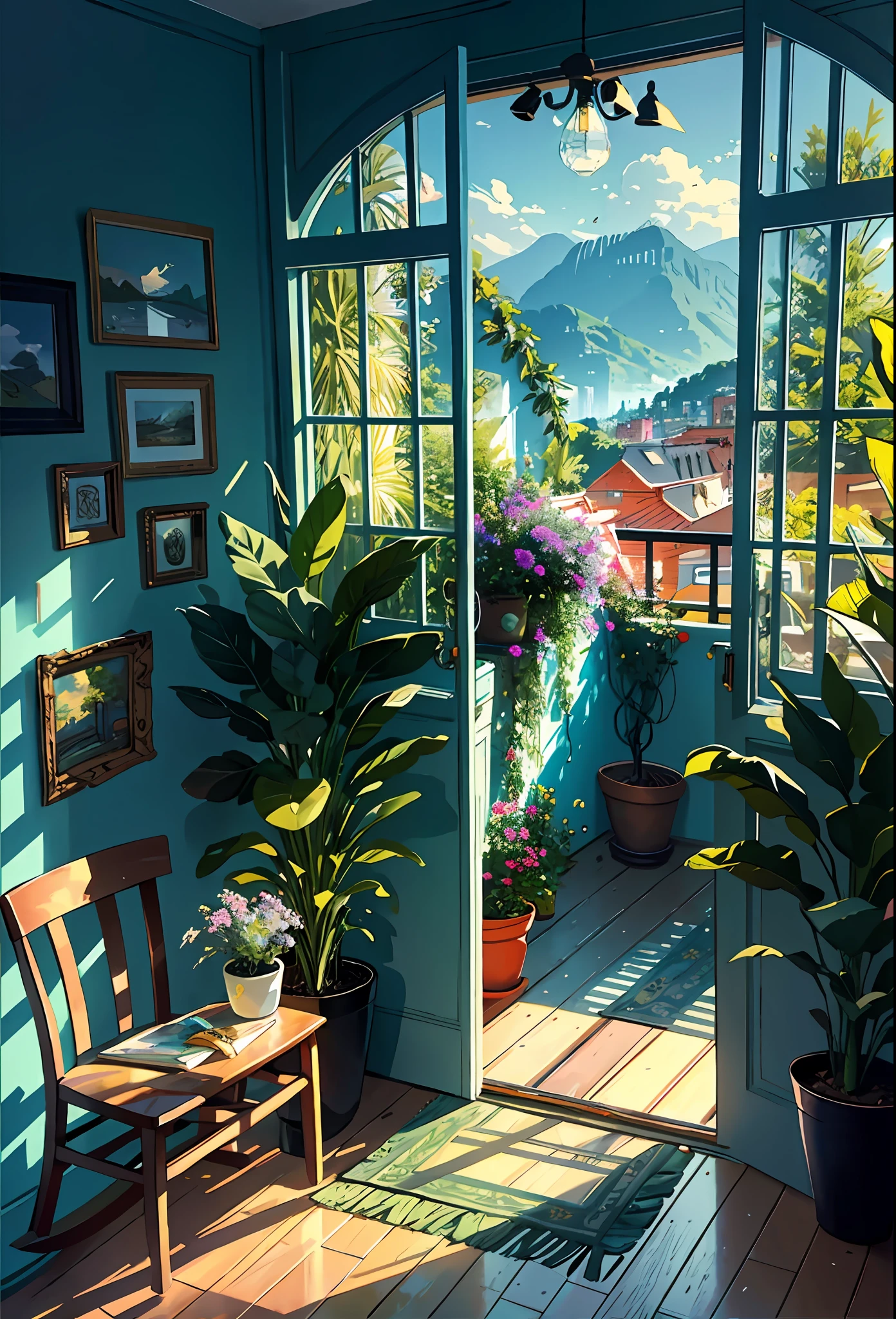 Terrace studio, huge, plants in pots, flowers in a vase, figurines, rocking chair, birds, cat, expensive and cozy interior, creative workshop, décor, Cozy artist's workshop, easel, color palette, acrylic paints, paintings, large windows, loggia, art, awards, table, sofa, armchairs, mirror, crystals, meditation, harmony, many books on the walls, paintings on the walls, view from the window, sea, mountains, amazing sunset, floral arrangements, paints, brushes, artist's theme, graceful, dynamic bright lighting, happiness, full color, multicolored, artificial, highest detail, super quality, fine details, highlights, neon lights, masterpiece, best colors