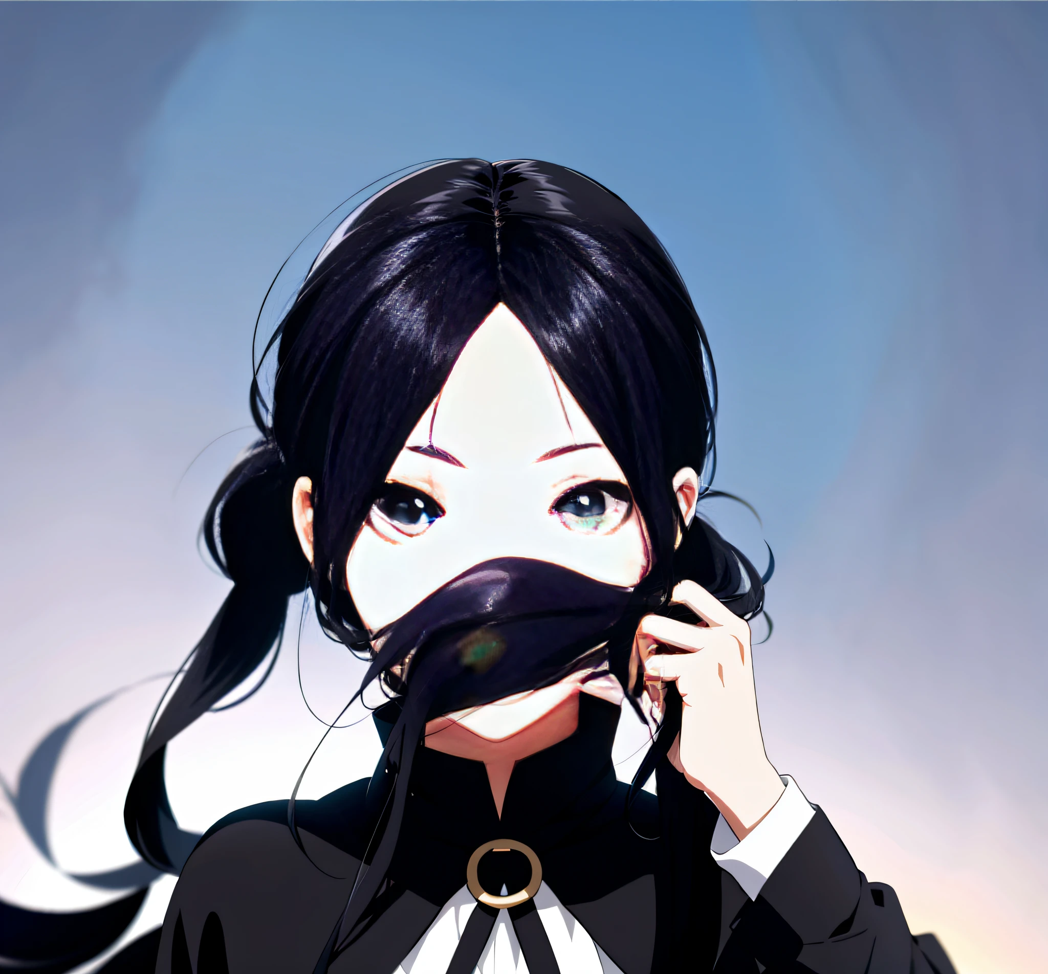 Girl covers mouth with hair, single, face focused, beautiful eyes, black hair, gradient_eyes, anime, masterpiece, high details, double ponytail