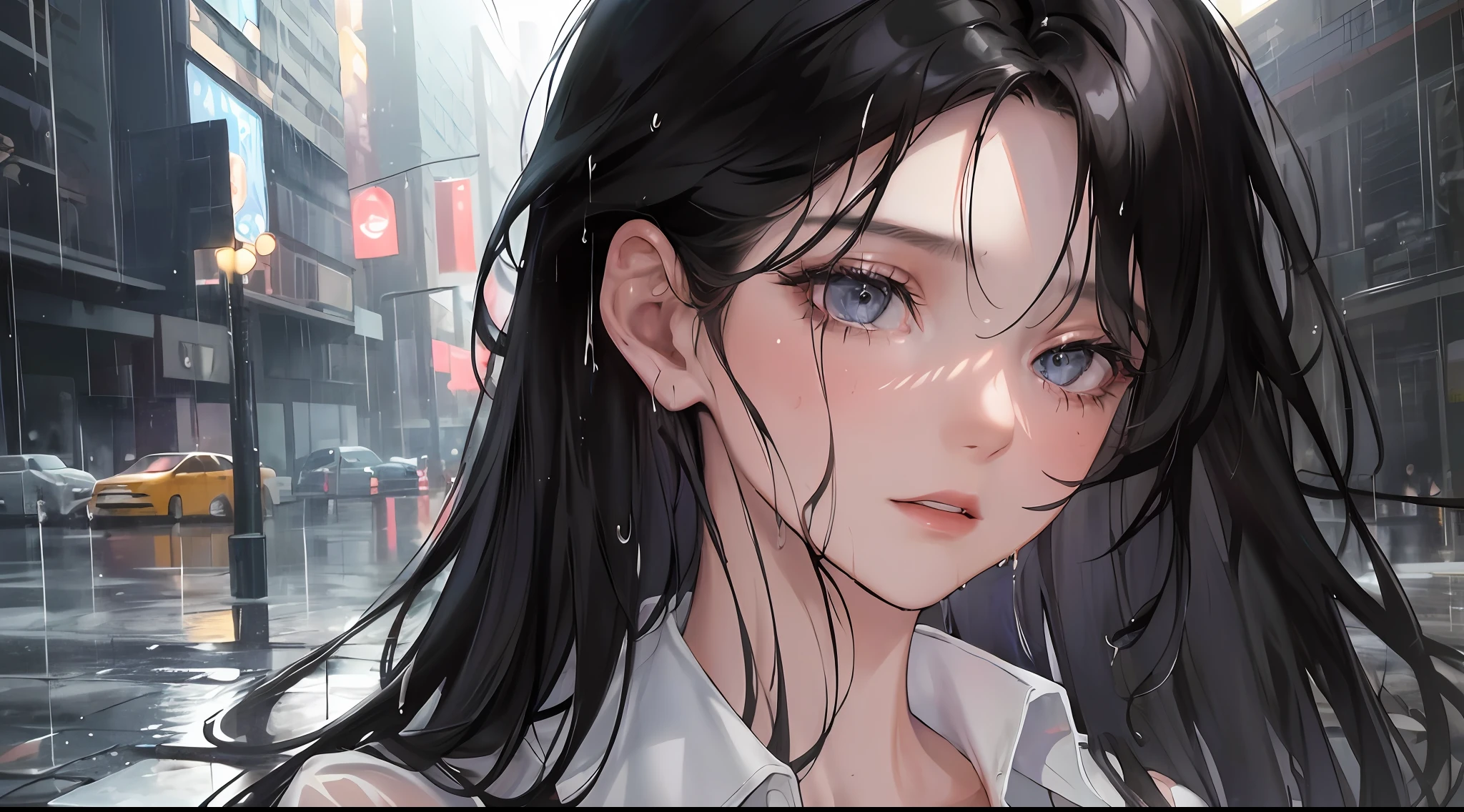 (highest resolution, distinct_image) Best quality, (((1 woman))), masterpiece, very detailed, night cityscape, semi-realistic, wet black hair, wet straight hair, expressionless, bangs, strong rain, 21 years old, mature, young, wet black shirt, outdoors, delicate facial features, facial features, mid-shot,