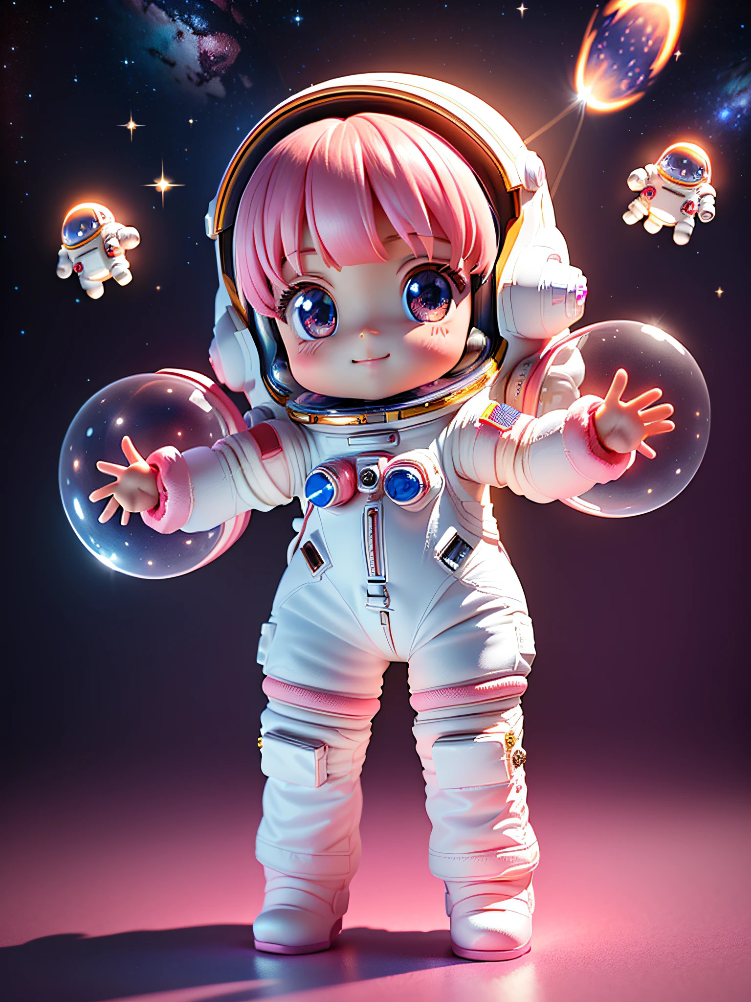 Super cute girl full body 3D picture, 1 pc, good looking eyes, big eyes, cute, happy, c4d, pop matt blind box, pink long hair, glowing bubbles, toys, solid color background, chibi, fluorescent translucency, luminous body, kawaii, doll, (((astronaut, spacesuit))), reference table, pop mart blind box, Pixar, complex details, 3d rendering, blender, OC renderer, fol body reference sheet, Dribble, High Details, 8K, Studio Lighting, , Petite, Child, Chibi, SD characters: 1.1, Magic Space Warehouse background