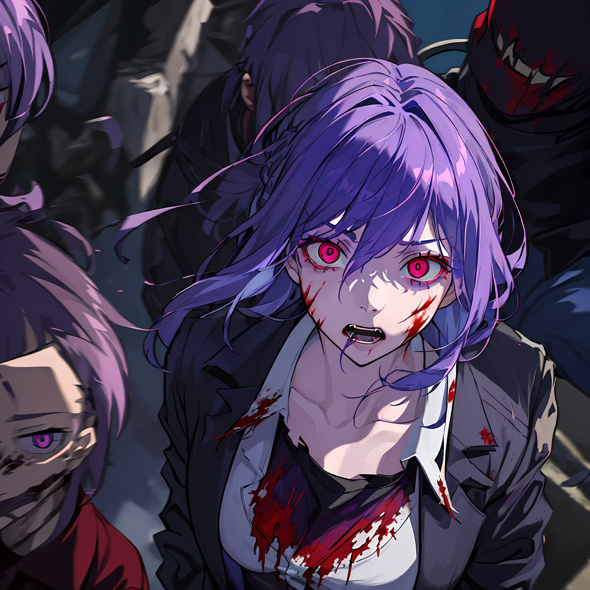 (((1 girl))), (solo)))), ((messy hairstyle)), (((blue-purple hair)), red eyes, soft shirt with blood on the face, torn clothes, glowing eyes, swirling eyes, evil, blood on the face, blood on clothes, blood, ??????, open blood basin and big mouth, showing fangs, all zombies, surrounded by zombies,