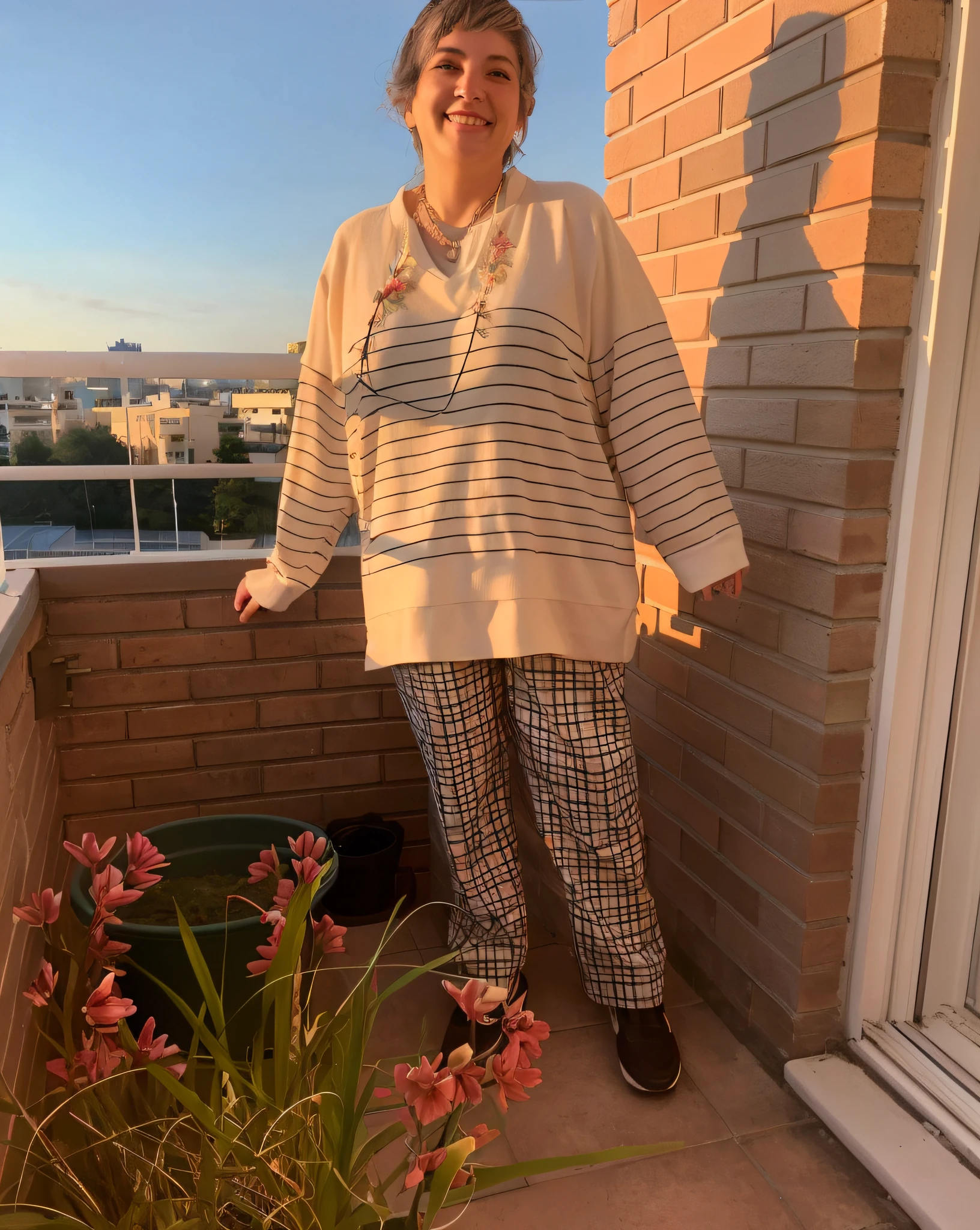 smiling woman standing on balcony with flowers in front of her, wearing a baggy pajamas, taken at golden hour, outfit photo, full body wide shot, at home, full body in view, very very low quality picture, full body length shot, look, inspired by Eva Gonzalès, nice afternoon lighting, full_body!!, on a bright day, casually dressed