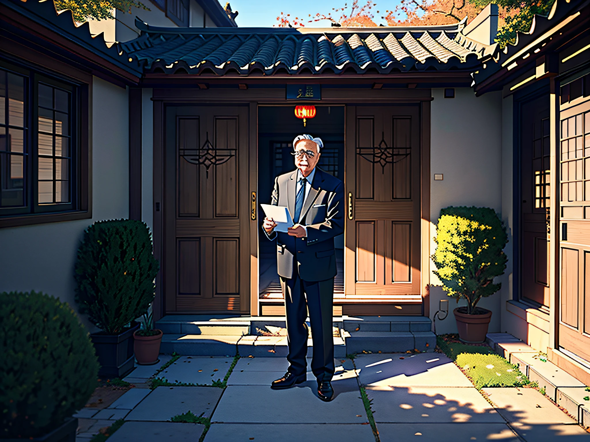 (Masterpiece, best quality; 1.3), very detailed, Unity 8k wallpaper, perfect lighting, perfect shadows, Chinese scene, a grandfather, holding an acceptance letter, standing in the yard outside the door, POV, Dorothyan perspective,