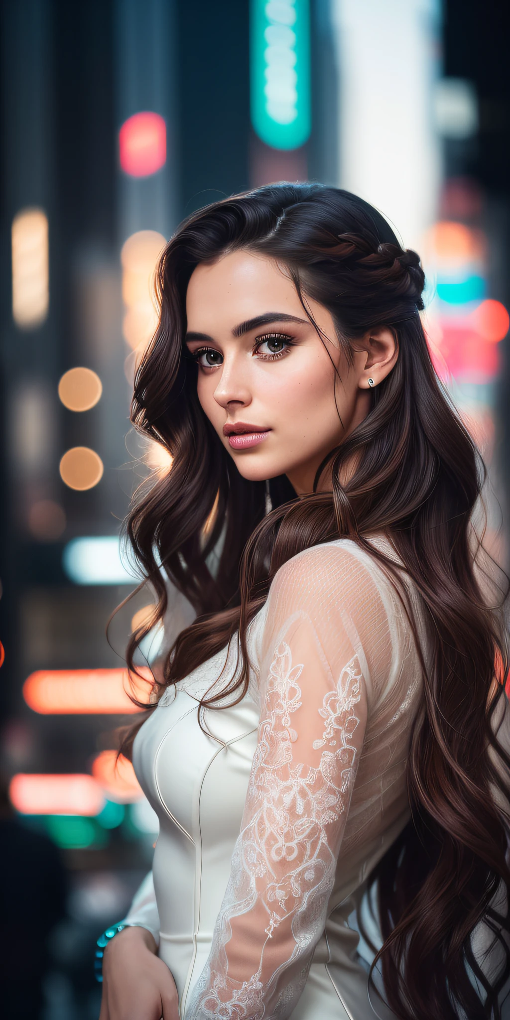 Full face portrait photo of a 25-year-old European girl, RAW, beautiful woman, semi-open strawberry lips, dimples, wistful look, (extra long wavy brown hair), ((detailed face)), ((detailed facial features)), (finely detailed skin), pale skin, (deep neckline detailed high-tech cyberpunk dress), cyberpunk megacity environment, (cool colors), damp, damp, reflections, (masterpiece) (perfect proportion)(realistic photo)(best quality)  (detailed) shot on a Canon EOS R5, 50mm lens, F/2.8, HDR, (8k) (wallpaper) (cinematic lighting) (dramatic lighting) (sharp focus) (intricate),RAW photo, gigachad photo, posing for camera, 8k uhd, dslr, high quality, grain film, Fujifilm XT3
