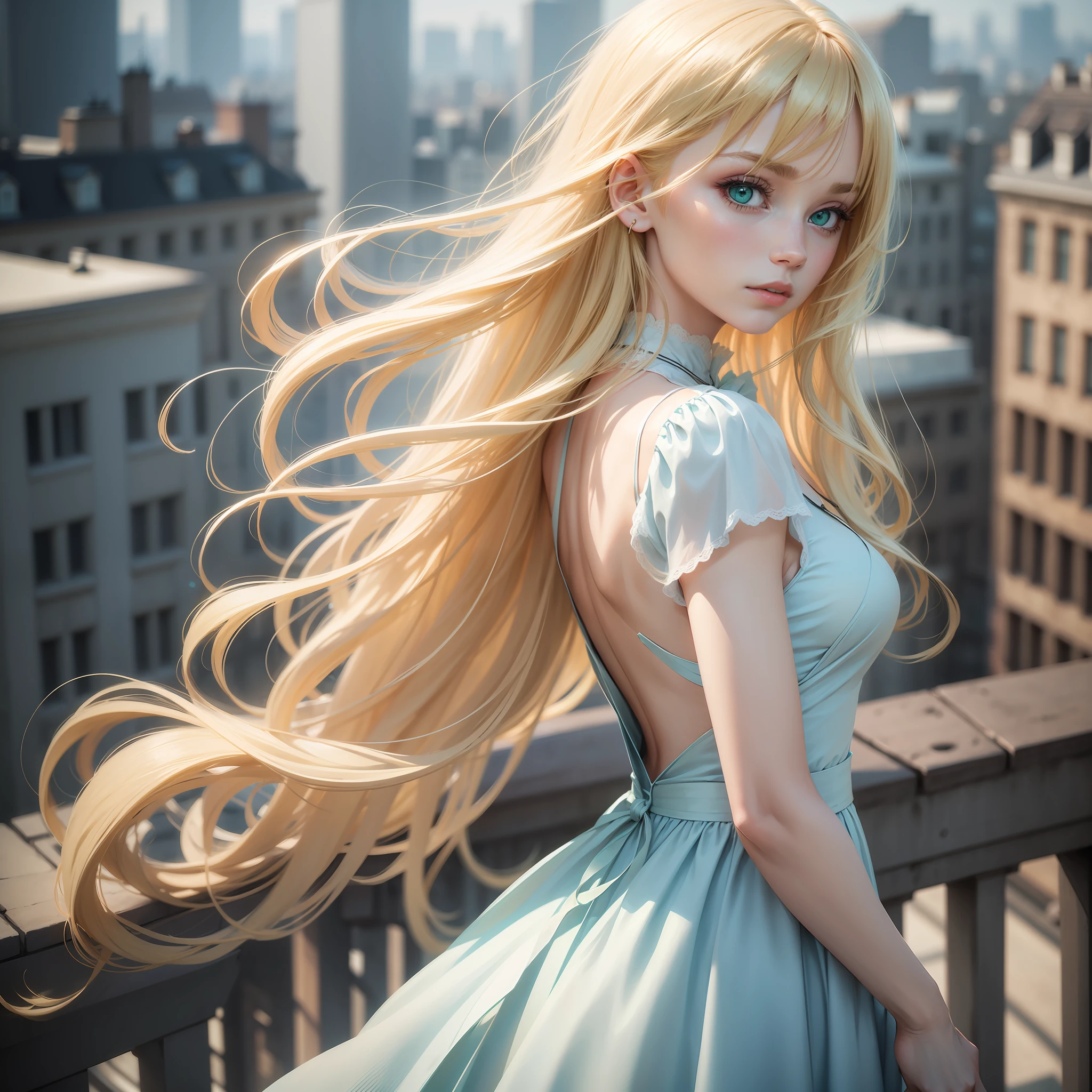 Woman, long blonde hair, water green eyes,solo,32k,Super-Resolution,Full-HD,1080p,Fullscreen,Wallpaper,Generated by Midjourney,1080p, alone, bangs in hair, dressed in a light blue dress, on top of a building, white wings made of light on the back