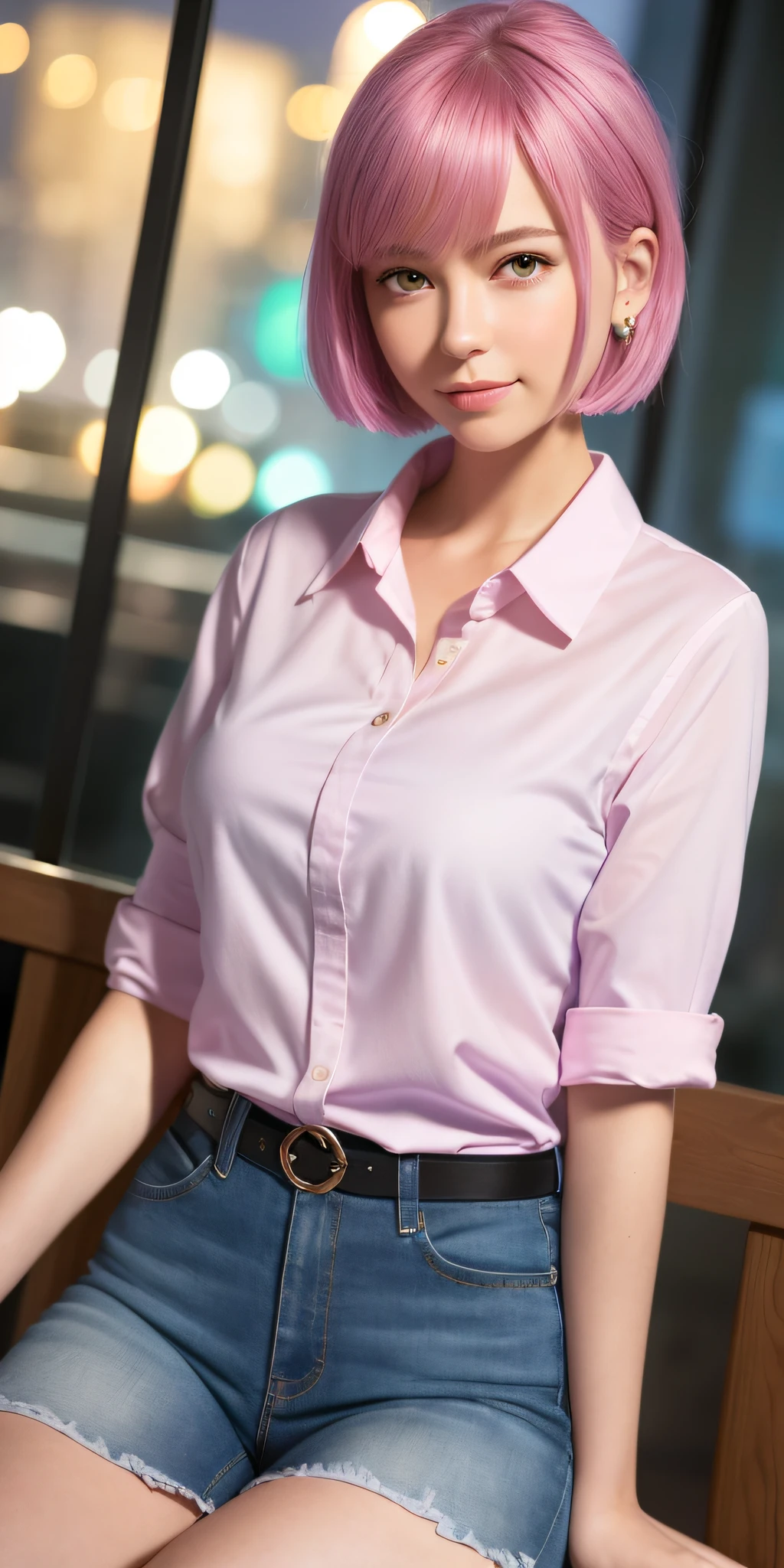 (64K, UHD, Top Quality, Masterpiece: 1.2), (Realistic, Photorealistic: 1.37), Super Detailed, Girl 1 Person, Cute, Solo, Beautiful Detailed Sky, Detailed Cafe, Night, Sitting, Date, (Blush), (Smile: 1.15), (Closed Mouth) Big, Tiger-like Face, Beautiful Fine Eyes, (Shirt with Collar: 1.1), Night, Office Clothes, White Lace, (Short Hair :1.2), (pink hair, purple eyes), floating hair NovaFrogStyle, topless,