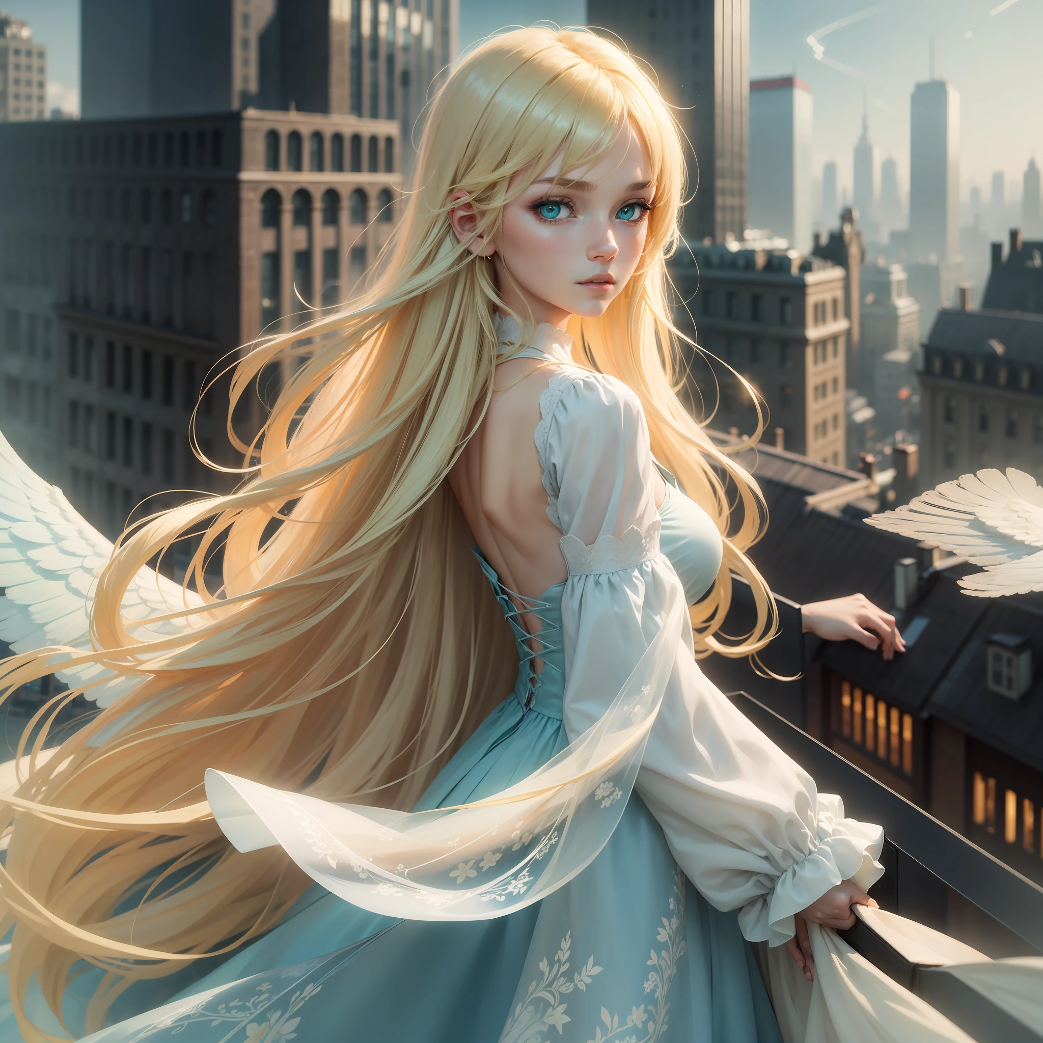 Woman, long blonde hair, water green eyes,solo,32k,Super-Resolution,Full-HD,1080p,Fullscreen,Wallpaper,Generated by Midjourney,1080p, alone, bangs in hair, dressed in a light blue dress, on top of a building, white wings made of light on the back